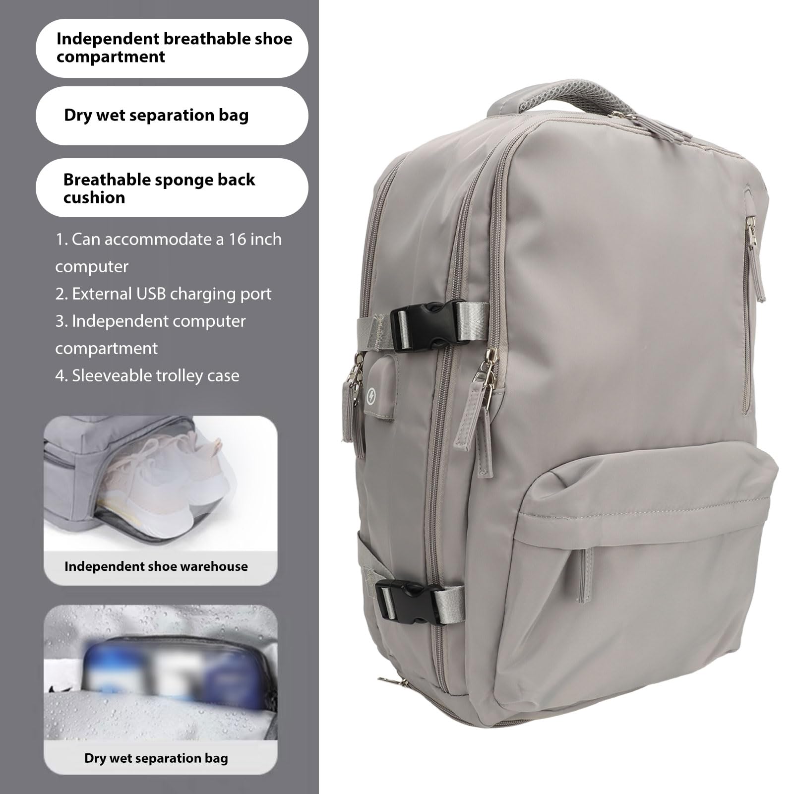 Zaino da Viaggio da Donna, Zaino Leggero di Grande capacità, Borsa per Bagagli e Dispositivi Elettronici (Grigio)