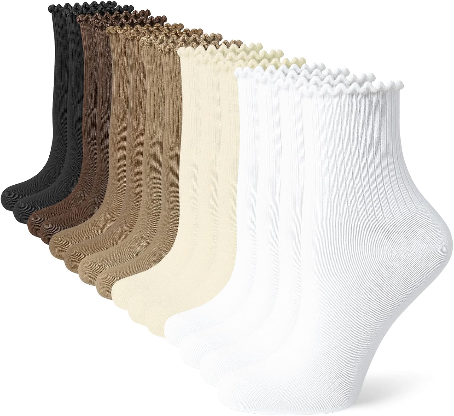 Ruffle Socks for Women, 6/10/15 Pairs Frilly Crew Dress Socks, Cute Breathable Ankle Sock for Sneakers, Boots Flats