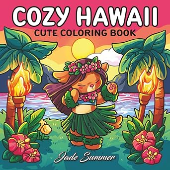 Cozy Hawaii coloring book cover by Jade Summer – tropical scenes and island vibes