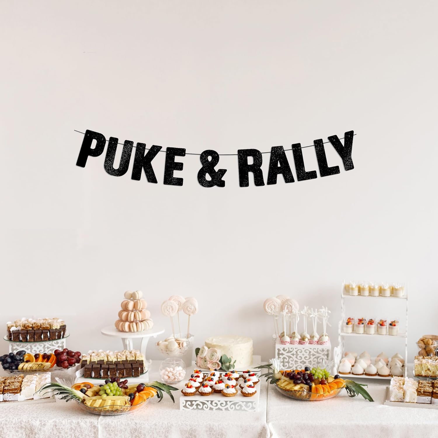 Pre-strung Puke & Rally Black Glitter Banner, Funny Bachelorette and Bachelor Decorations for Women & Men, Happy 21st, 25th, 30th Birthday Party Decor, Halloween, New Year's Eve Party