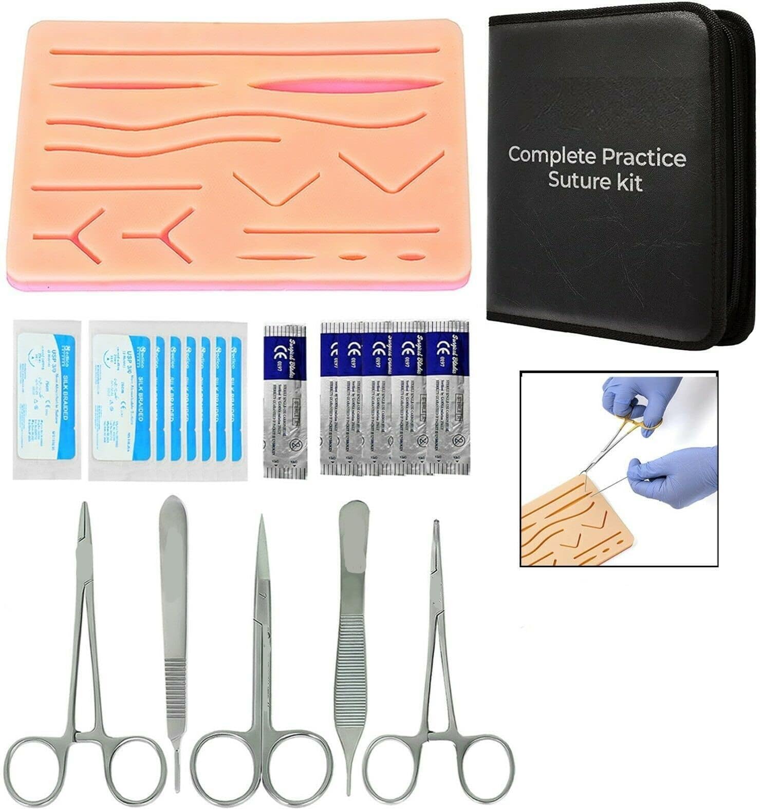 Complete Suture Practice Kit For Medical Students, Vets & Nurses for Training And Practice, Reusable True Skin Feel Silicon Suturing Pad With Multiple Precut Wounds And Tool Kit 6 Threads 5 Blades