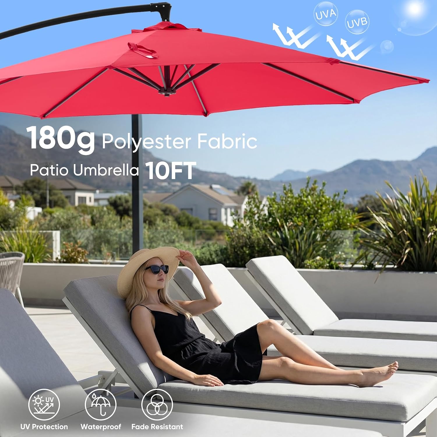 Patio umbrella fabric with UV protection and waterproof icons
