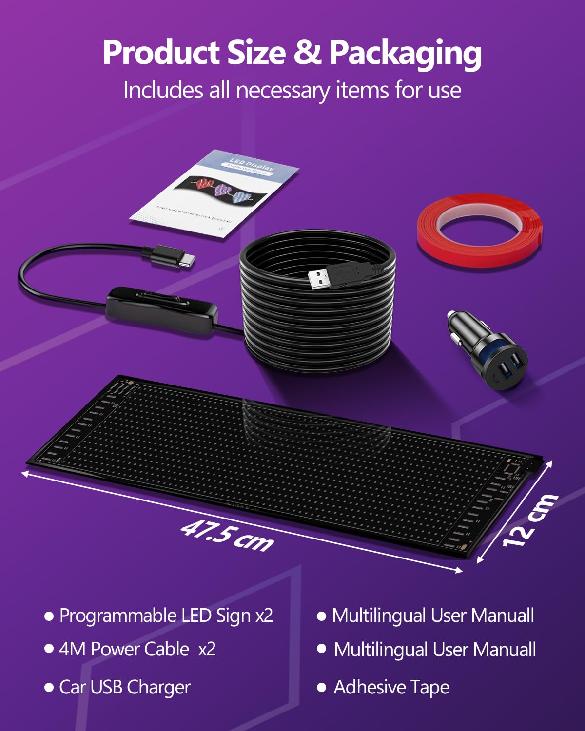 2PCS Pantalla LED Programable,47.5 X 12cm Letrero led para Coches Ojos del Diablo Control VíA App Bluetooth,Colorida Letrero LED Flexible,USB 5v,para CamióN, Publicidad XAXVSTS