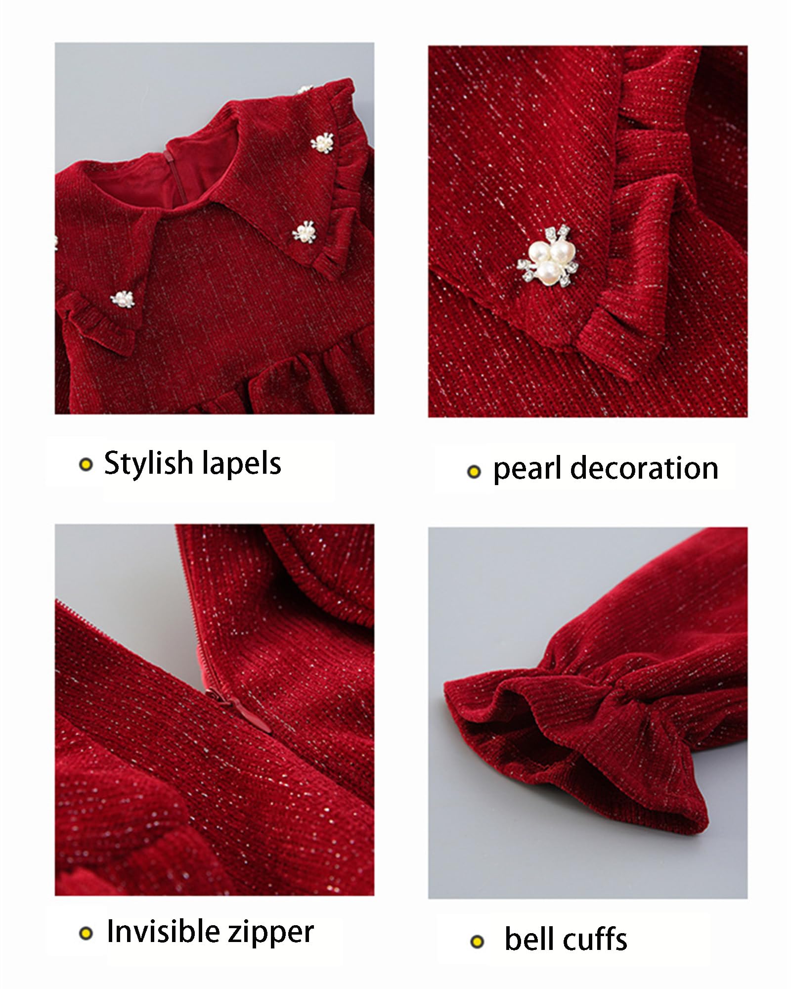 Robes À Manches Longues pour Filles en Velours Côtelé avec Revers Épais Décoration De Perles Ligne A Robe d'automne Et d'hiver pour Enfants,Rouge,L