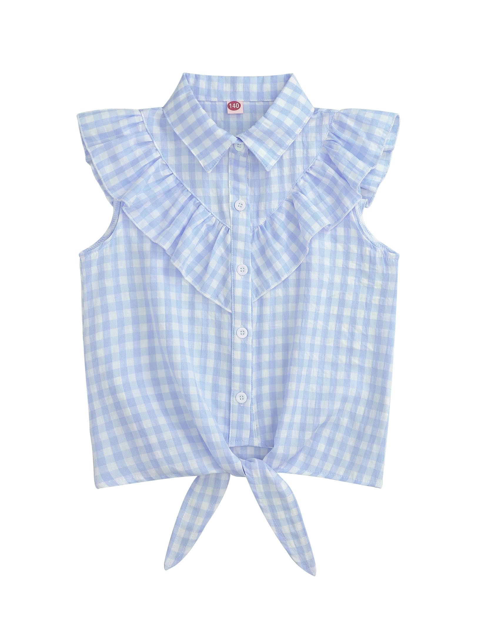 Girls Sleeveless Plaid Button Down Shirt Summer Crop Tops Tie Knot Ruffle Sleeve Shirt Blouse 3-12Y