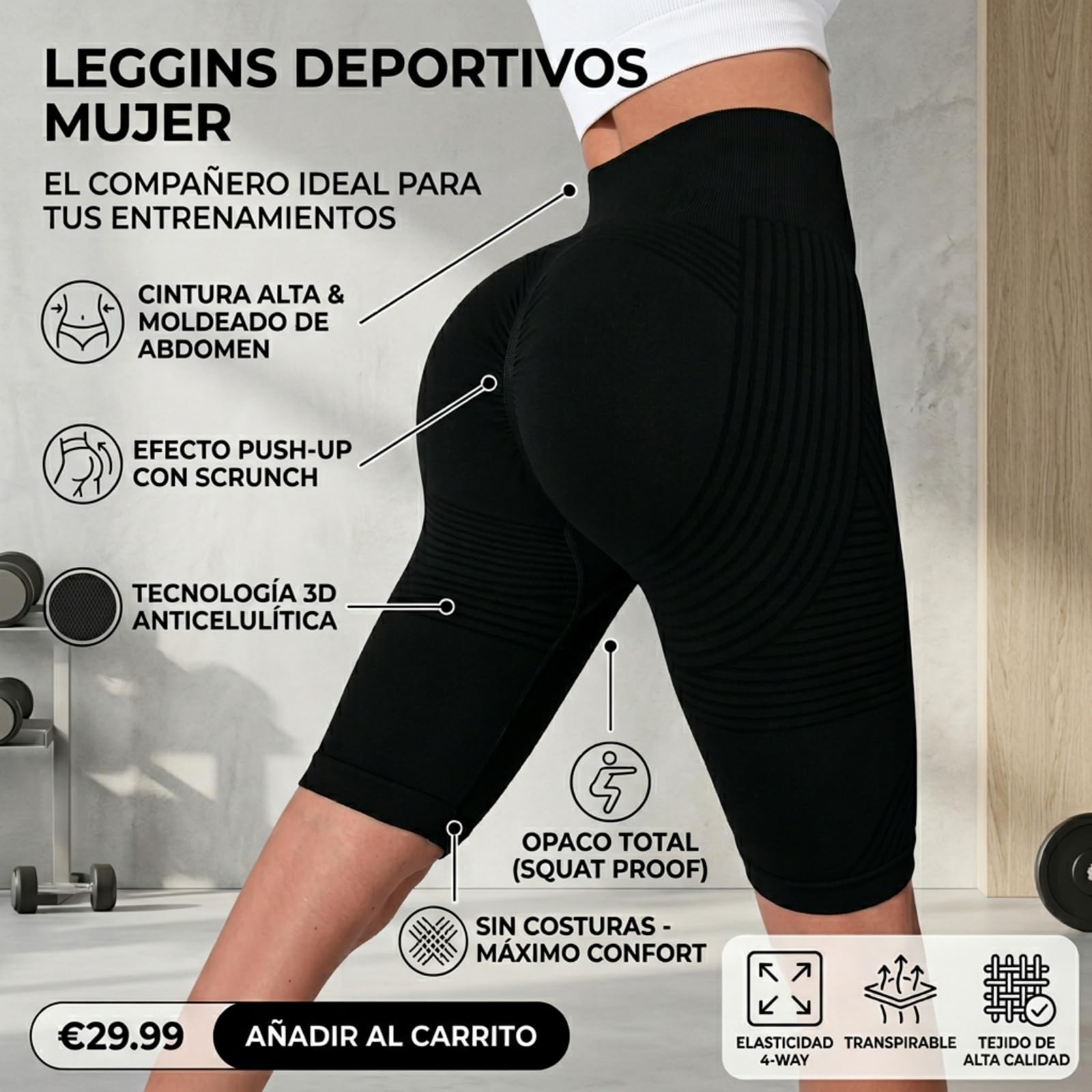 Genérico Leggings Deportivos Mujer Push Up Cintura Alta Mallas Anticeluliticos Sin Costuras Opaco Scrunch Butt Pantalones Gym Yoga Fitness Jogging Entrenamiento Leggins 3D Anticelulitis Mujer 2PC