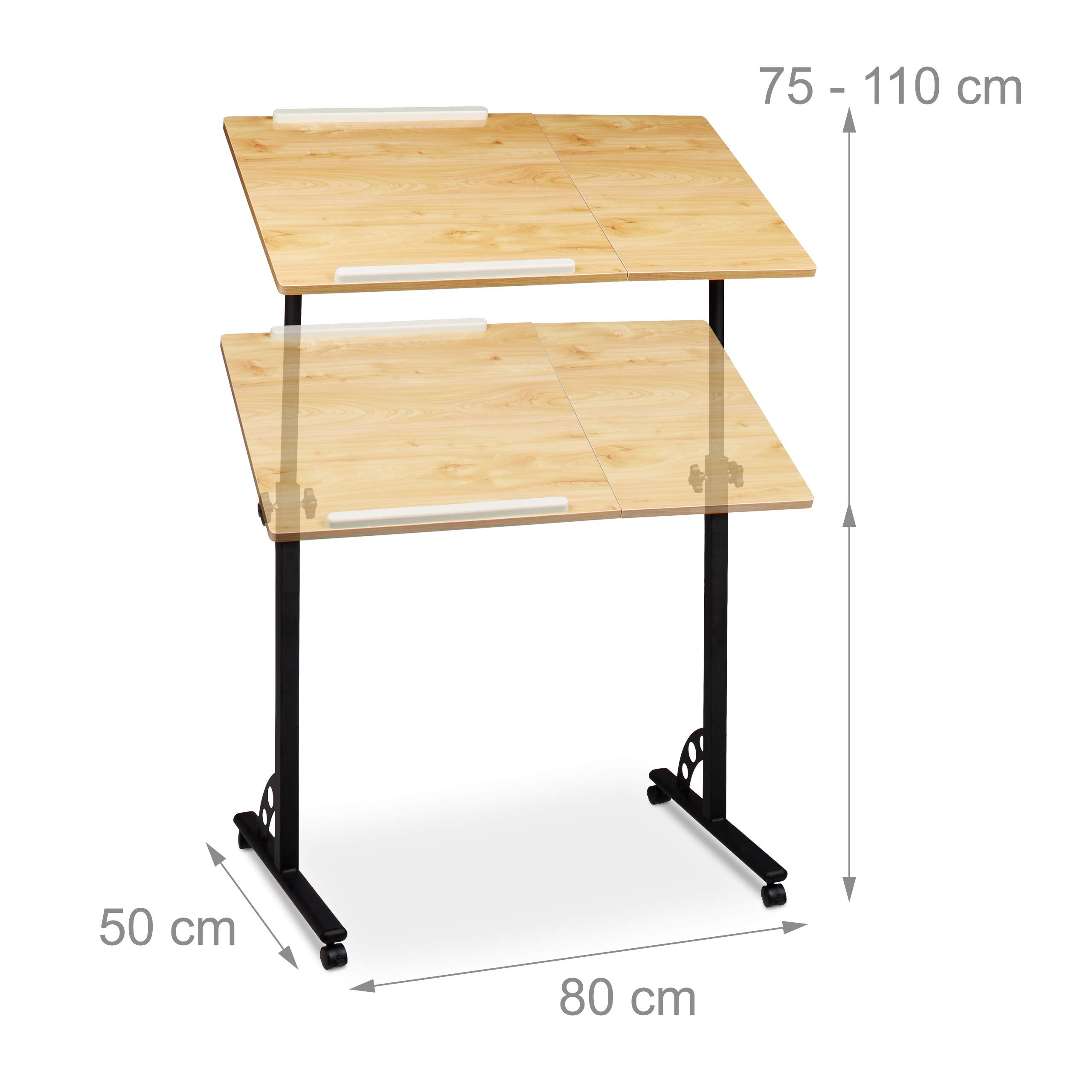 Relaxdays Mesa Ordenador Portátil Grande con Ruedas, Altura Ajustable, DM-Acero, 110x80x50 cm, Marrón Roble
