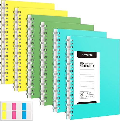 AHGXG Paquete de 6 cuadernos en espiral tamaño A5 para trabajo, 5.7 x 8.22 pulgadas, papel rayado universitario de 100 GSM, tapa dura de plástico, 3