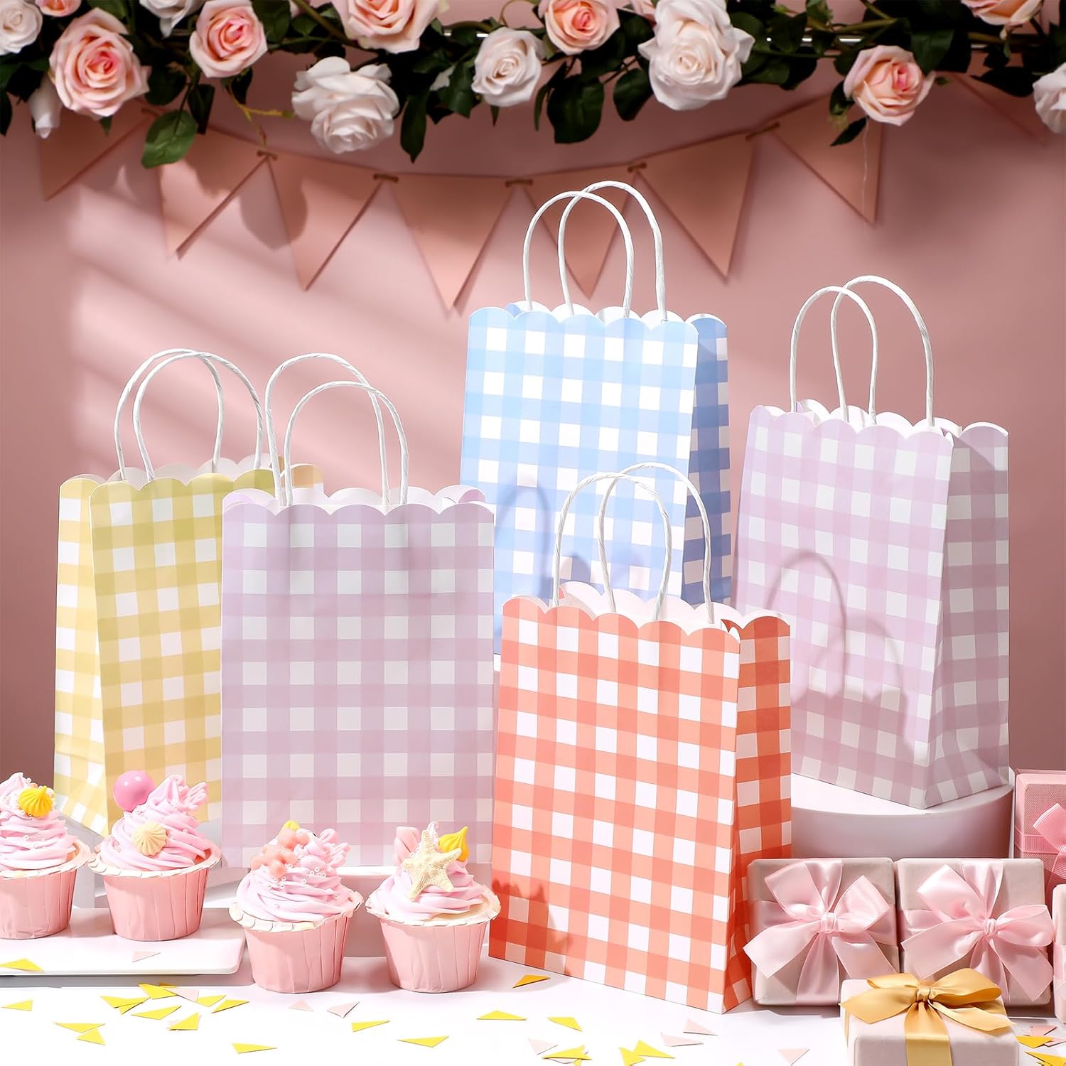 Kolldenn 24 Pcs Gingham Party Supplies Pastel Gift Bags 8.27 x 6.3 x 3.15 Inch Kraft Paper Checkered Plaid Candy Goodie Party Favors Bags for Easter Picnic BBQ Birthday Baby Shower Wedding - Image 3