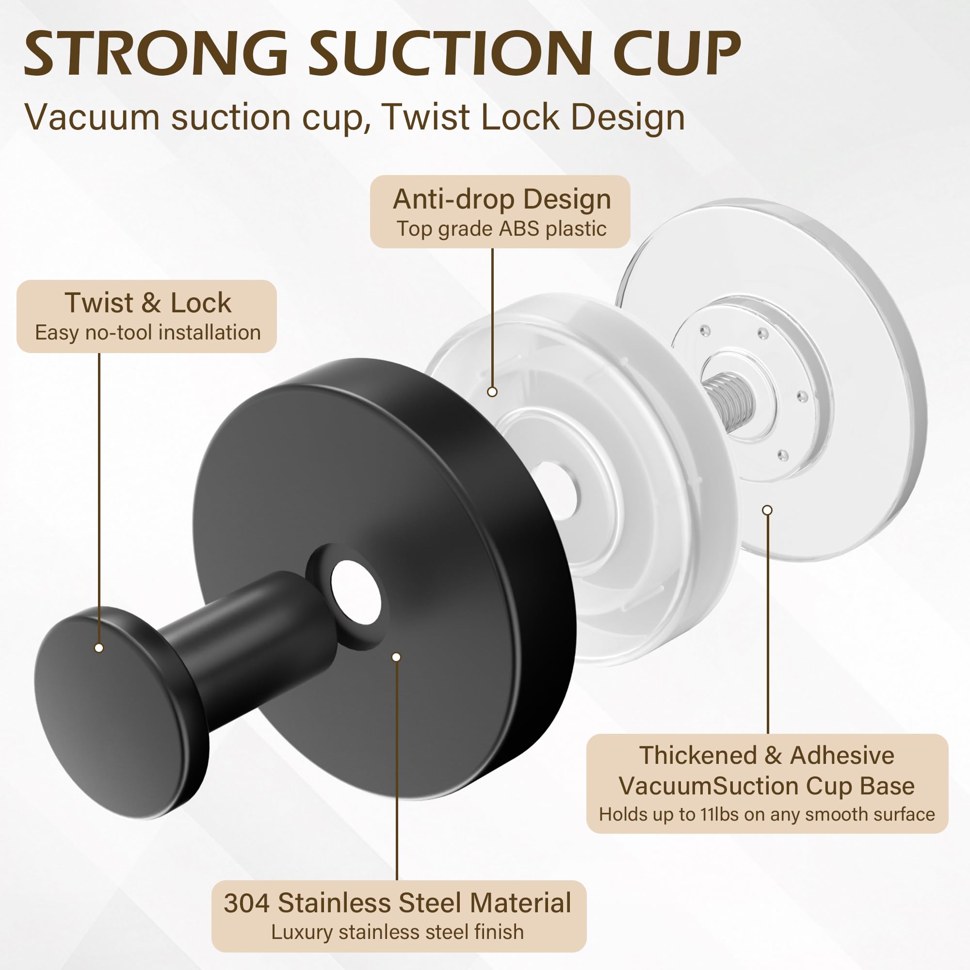 Ninth Five Shower Suction Cup Hooks, Heavy Duty Bathroom Wall Hooks for Towels, Robes, Loofahs, Removable Metal Hook for Tile Glass Mirror, No Drill(4 Pack, Black)