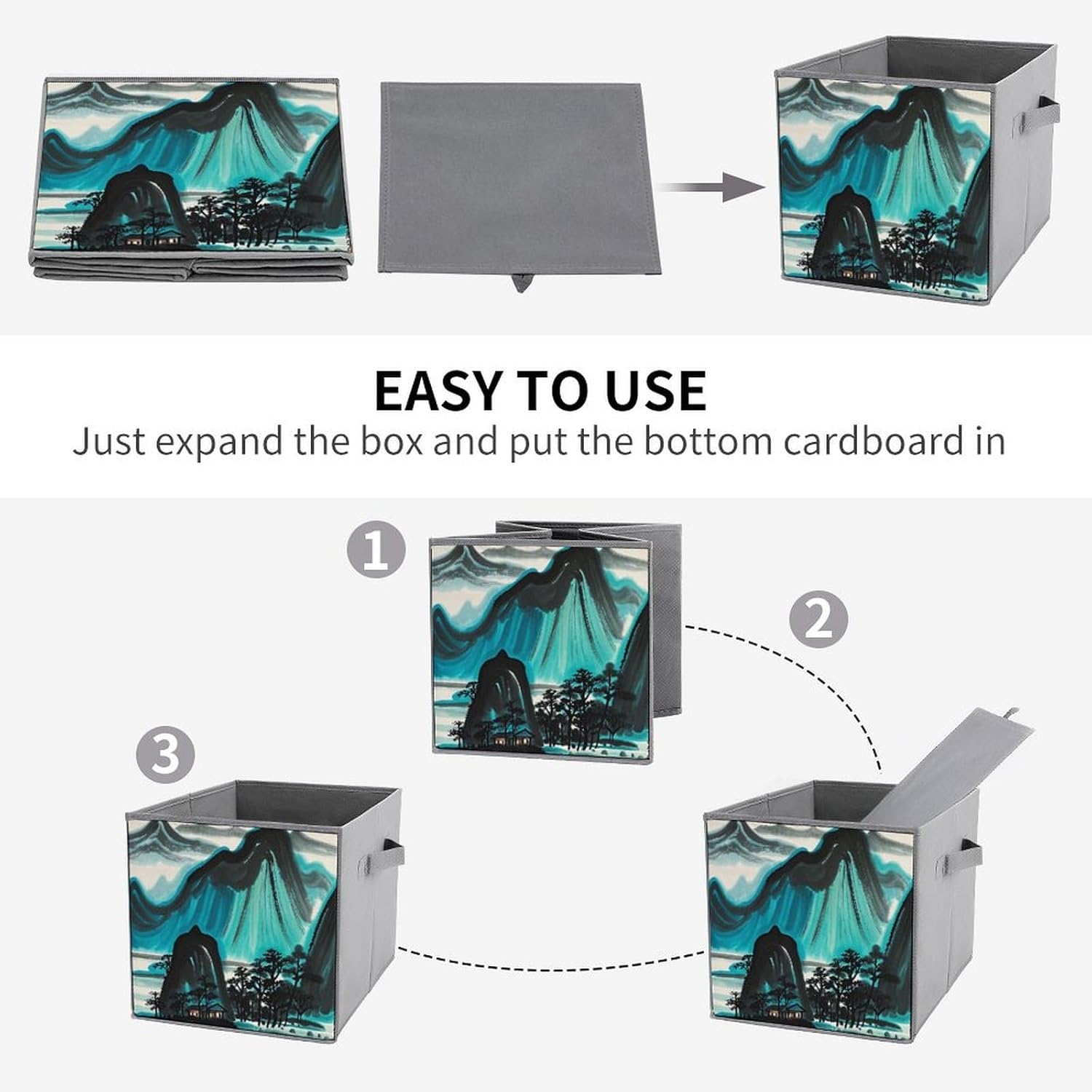 Landscape Patterns Foldable Storage Box with Handles, Durable Oxford Storage Cubes, 2PCS Collapsible Closet Organizer for Home, Shelf, Office, Travel