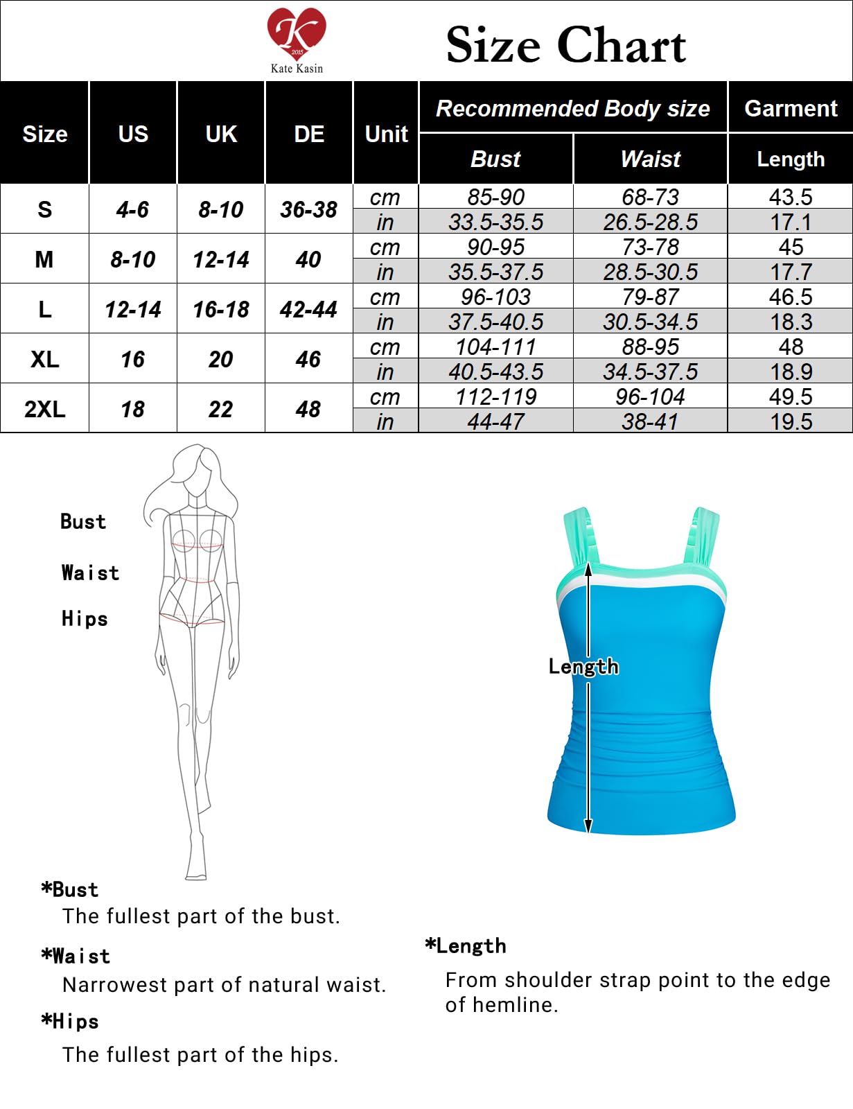 Kate Kasin Tankini para mujer, con control de abdomen, tirantes ajustables, cuello cuadrado, azul real, M