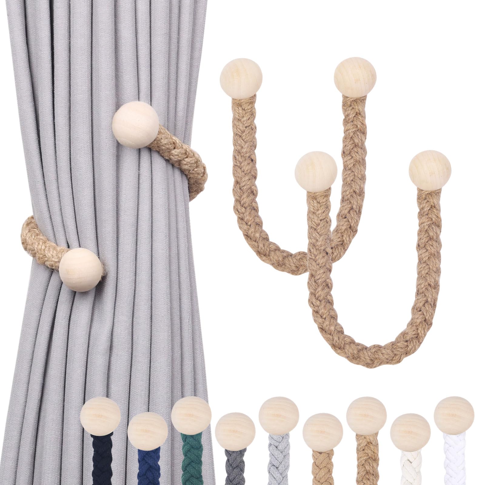 Pretty Jolly 2 Pack Wooden Ball Decor Curtain Tiebacks Farmhouse Rustic Style Drape Tie Backs Natural Jute Hand Woven Rope Curtain Holdbacks for Home & Office Sheer/Light Weight Drapery (Jute)