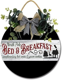 North Pole Bed And Breakfast Sign Front Door Porch Decorations, Round Rustic Wood Hanging Sign for Farmhouse Porch Outdoor Home Holiday Front Door Sign Decor