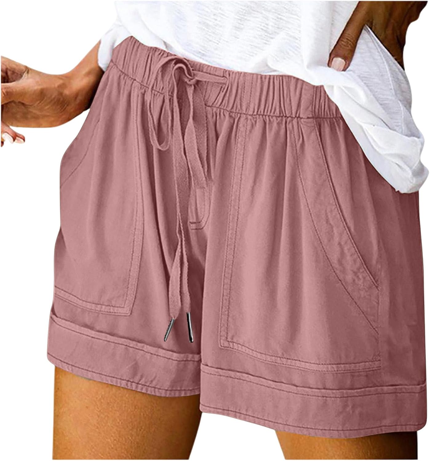 Summer Casual Shorts for Women Cotton Linen High Waisted Drawstring Casual Lightweight Beach Shorts with Pockets