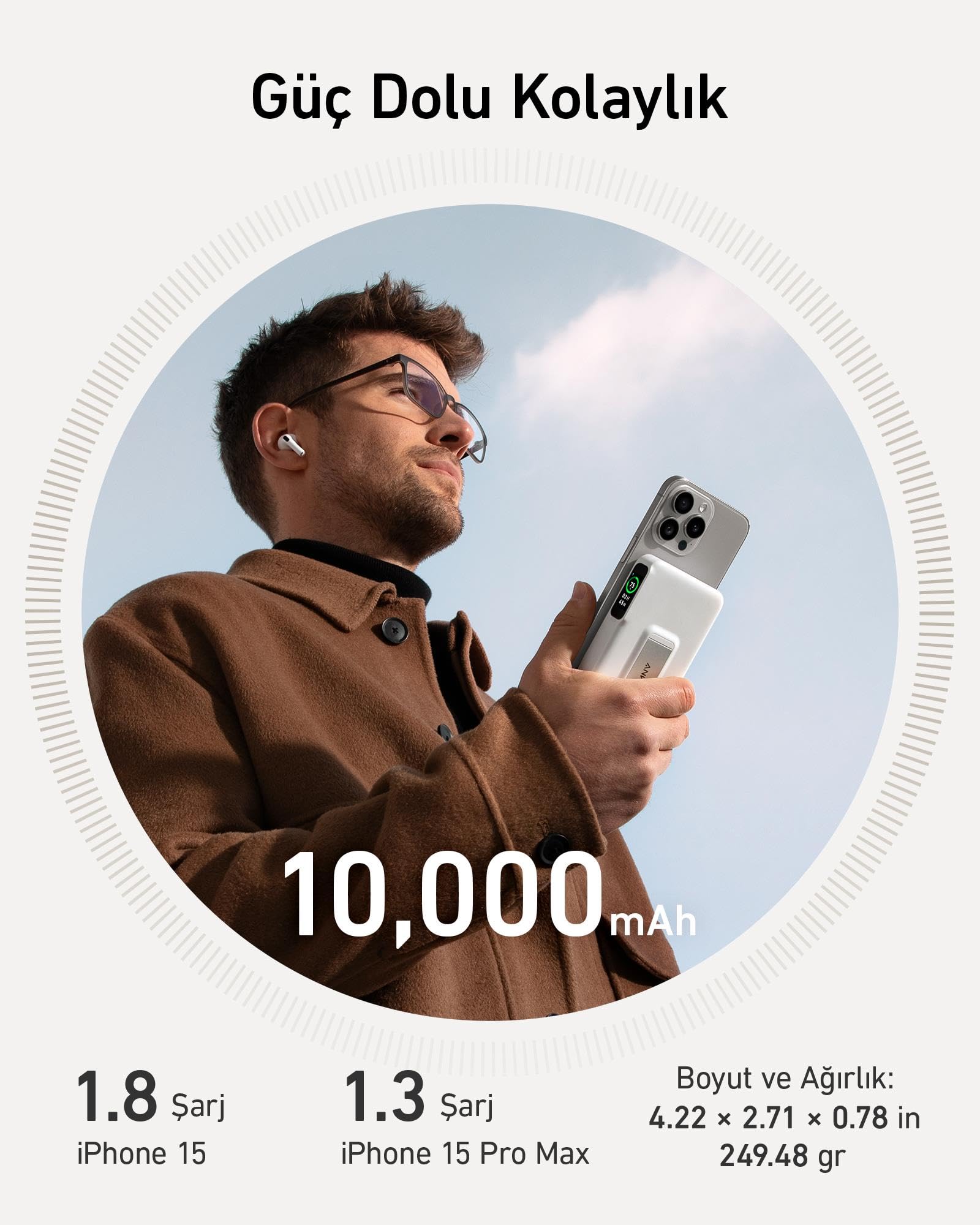 Powerbank Anker MagGo 10000mAh 15W MagSafe USB-C LCD Qi2 PowerIQ Biały