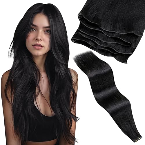 Miniatura 10 de LaaVoo Extensiones de cabello humano real para coser, extensiones de cabello humano de doble trama, color negro azabache, 18 pulgadas, 3.53 onzas