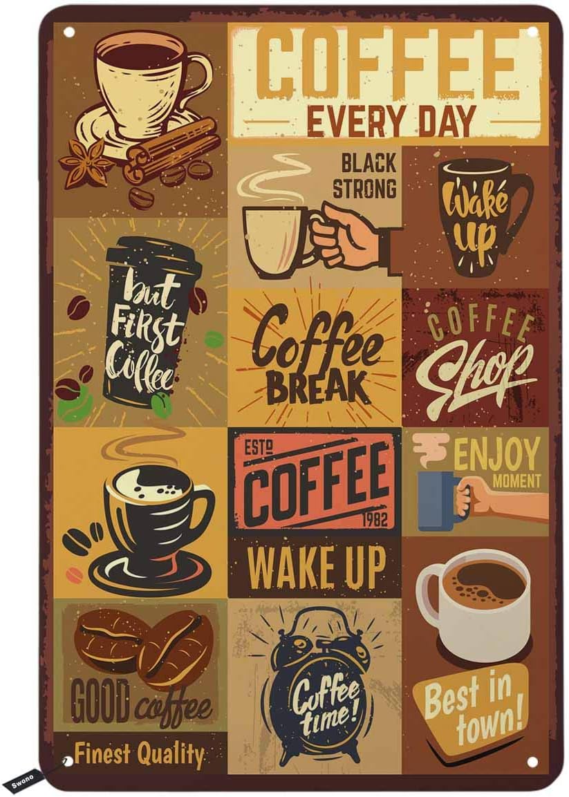 Swono Coffee Quotes Tin Signs,Coffee Every Day Vintage Metal Tin Sign for Men Women,Wall Decor for Bars,Restaurants,Cafes Pubs,12x8 Inch