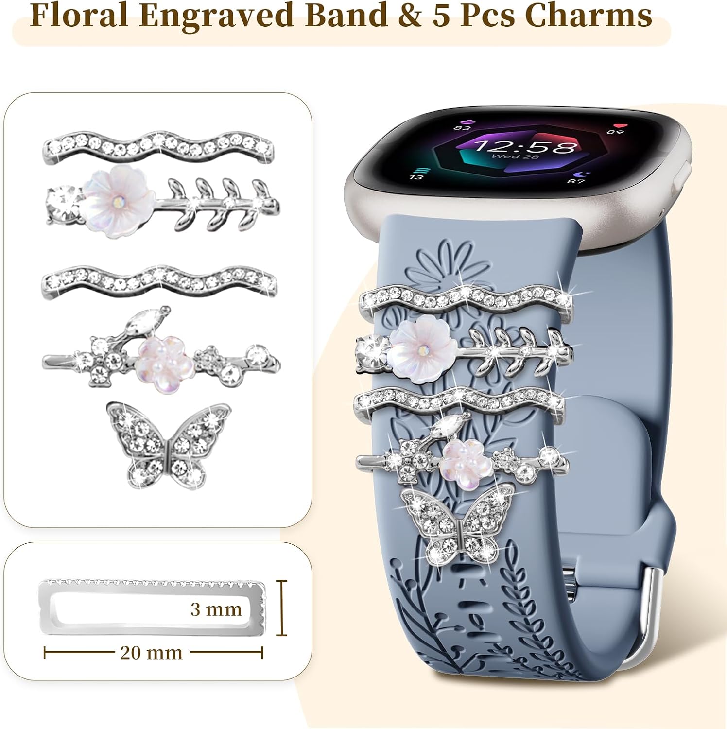 Floral Engraved Bands Compatible with Fitbit Versa 4/Versa 3/Sense 2/Sense Band with Charms, Soft Silicone Sport Fancy Replacement Wristbands Strap with Cute Decorative Rings Accessories for Women image 3