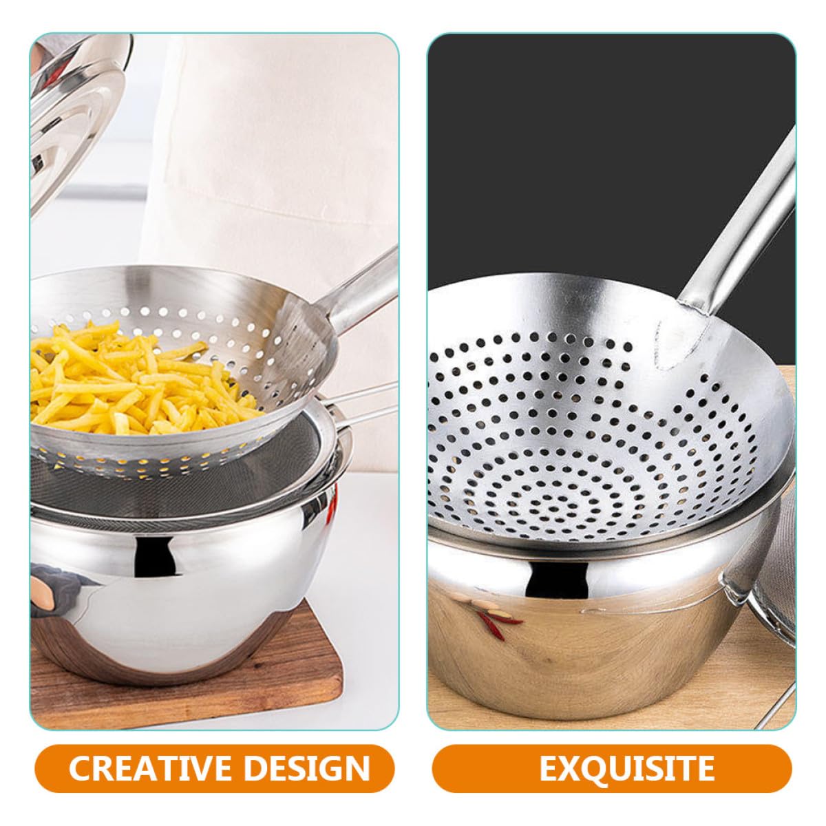 SHINEOFI Colador de Malla de Cocina de Acero Inoxidable 24 CM y Recipiente para Aceite Profundo de 23 CM Filtro Multifunción para Freír Utensilios de Cocina Profesional y Contenedor de