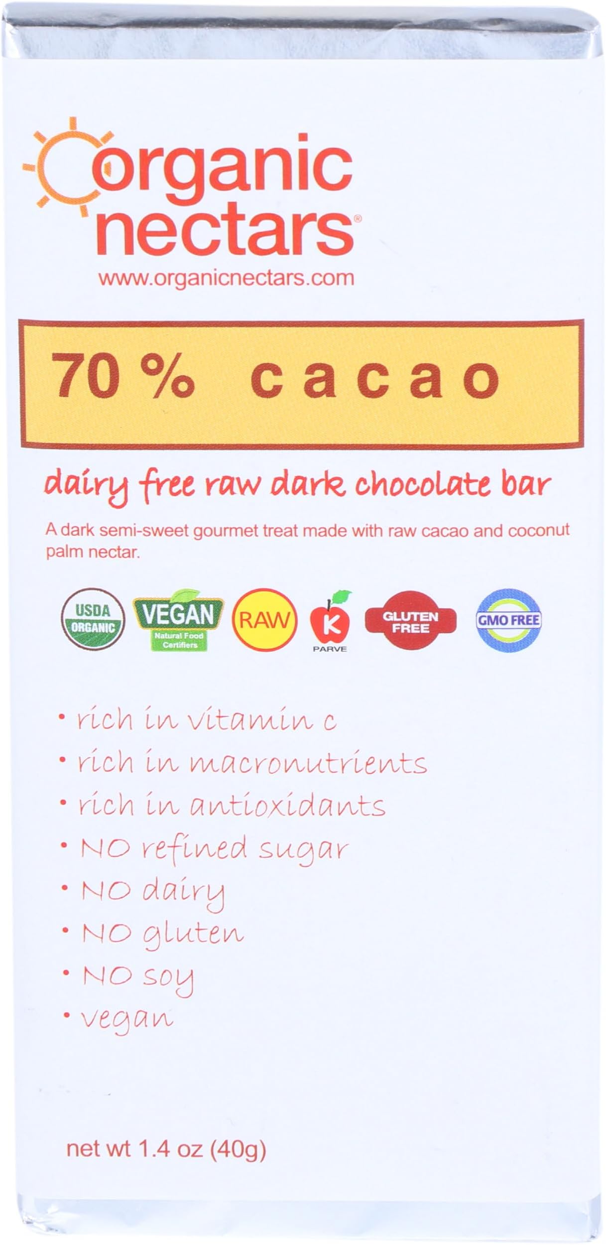 Organic Nectars Organic Raw 70% Cacao Bar, 1.4 OZ