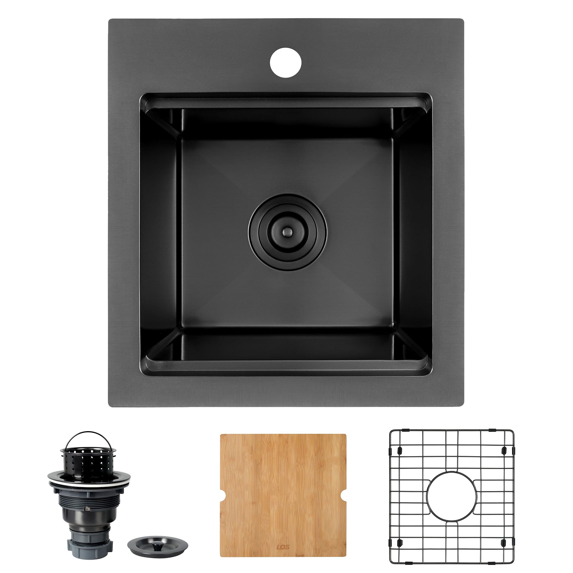 LQS Matte Black Stainless Steel Sink Drop In, 16” x 18” Black Small Laundry Room Bar Sink, Fruit and Vegetable island Sinks, Black Kitchen Sinks with Workstation Ledge For RV, Outdoor and Prep Use