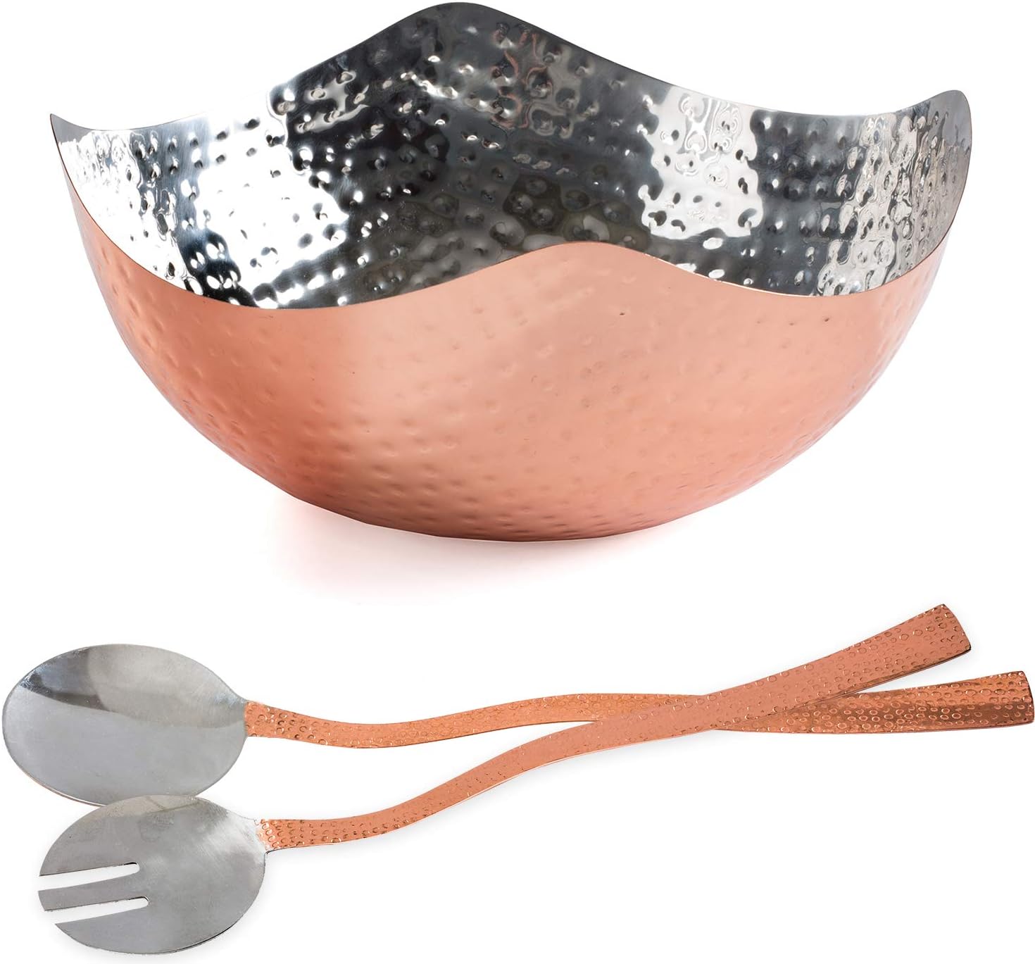 Salad Bowl with Servers - 3 Pc Set - Hammered Copper Salad Bowl - 9.5 Inch Hammered Serving Bowl