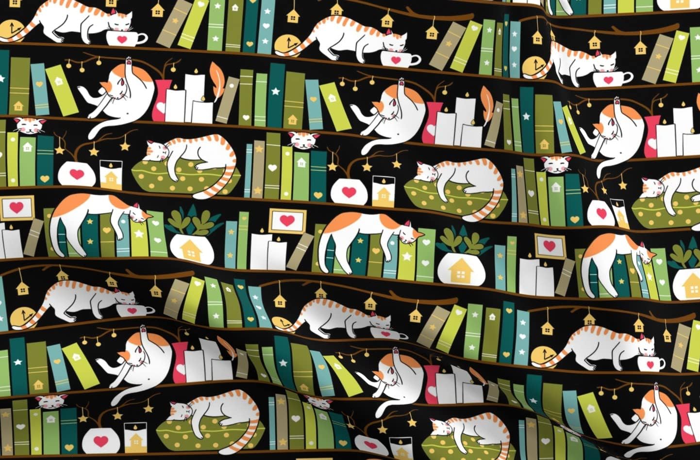 Spoonflower Fabric - Library Cats Cat Book Candle Bookshelf Hygge Books Cute Home Pet Printed on Organic Cotton Sateen Fabric by The Yard - Sewing Quilting Apparel Home Decor