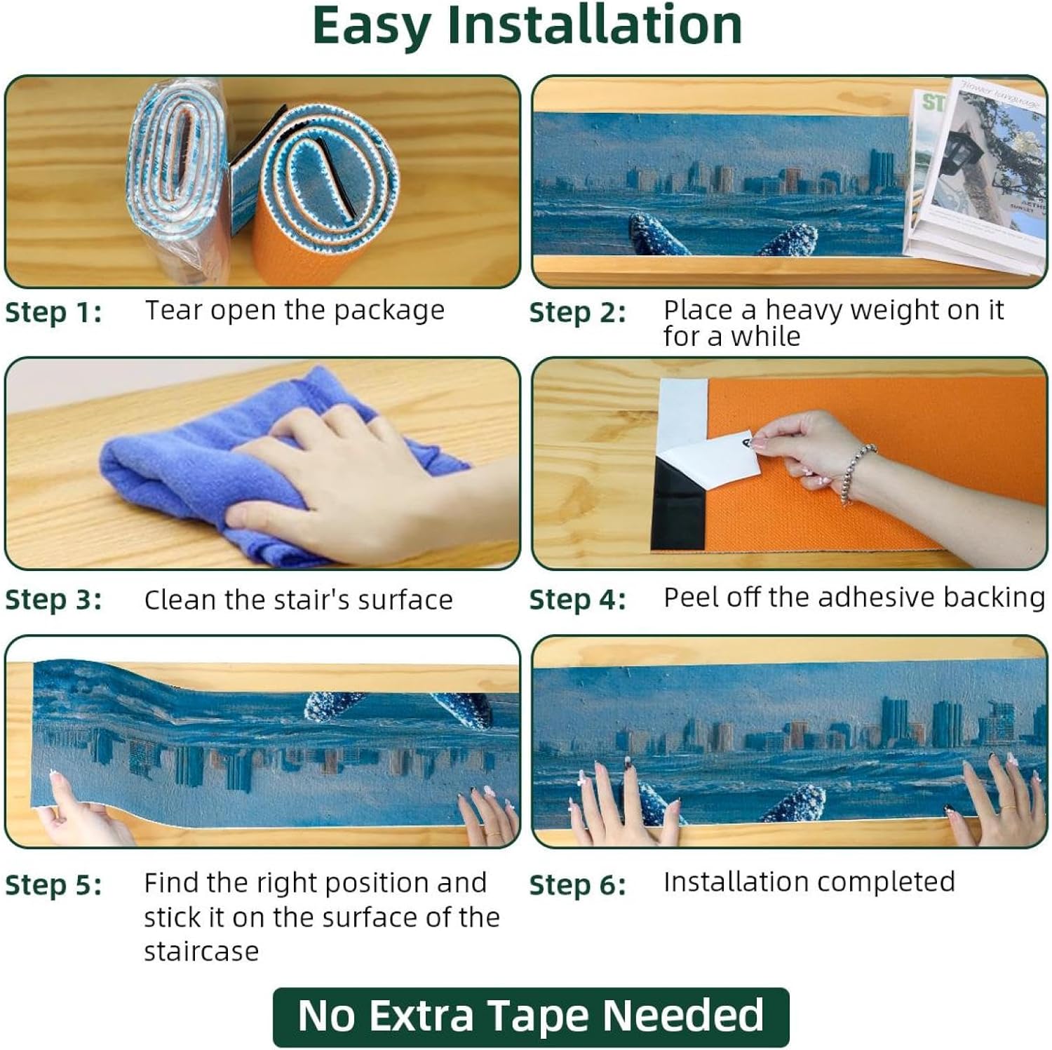 Ocean Beach Starfish Seashell Blue Skyli (2) Carpet Stair Treads, Stair Treads for Wooden Steps Indoor, Stair Runner for Pets Non Skid Wood Staircase Step Treads Reusable, Set of 15