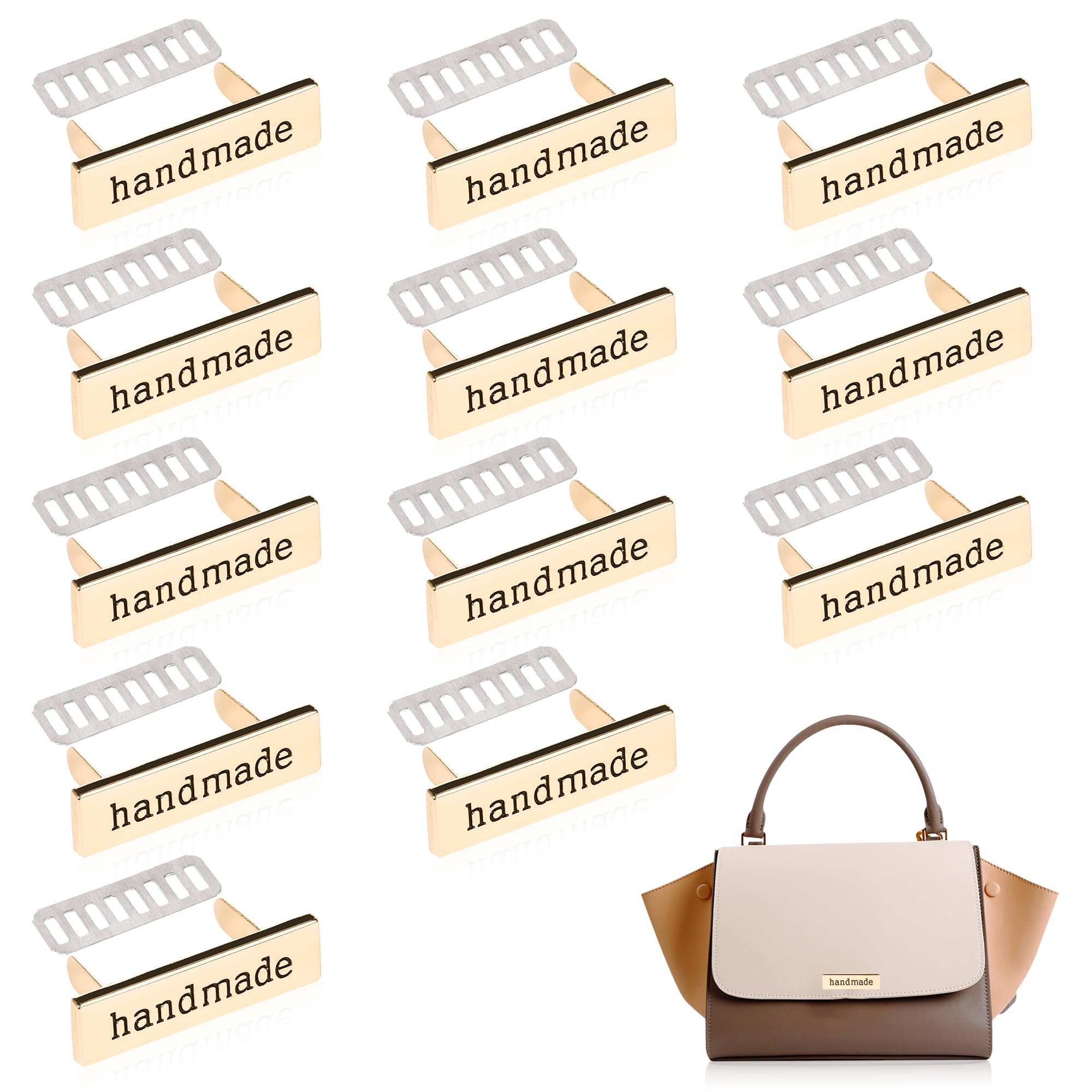 TXIN 12 Pieces Handmade Metal Labels with Shim Rectangle Alloy Tags Hand Made Printed Signs Label for DIY Crafts Sewing Items Purses Bags Shoes
