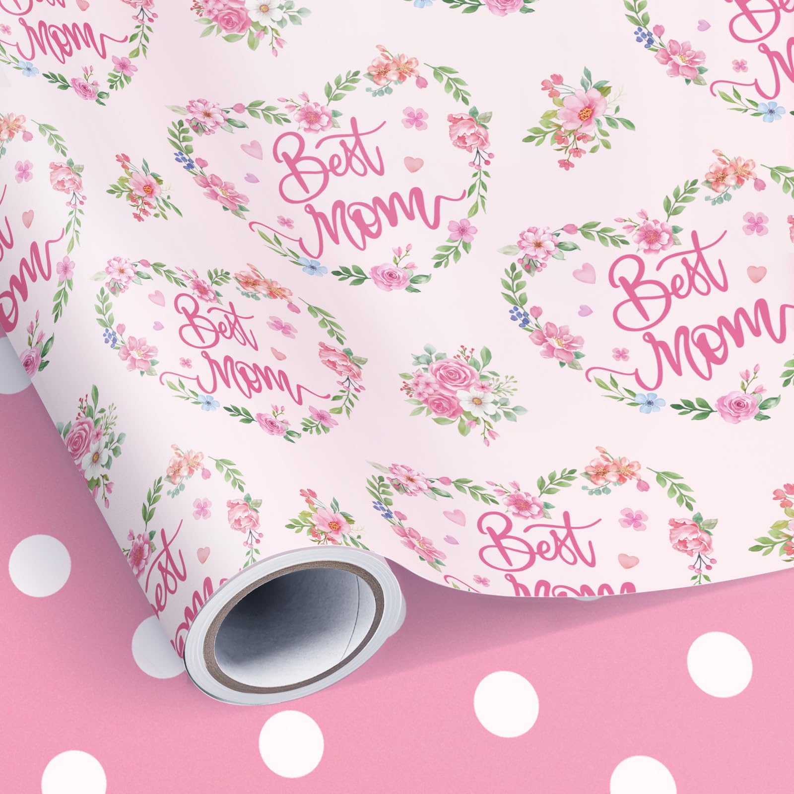 Neloheac Best Mom Pink Floral Wrapping Paper Roll 43CM x 10M Reversible