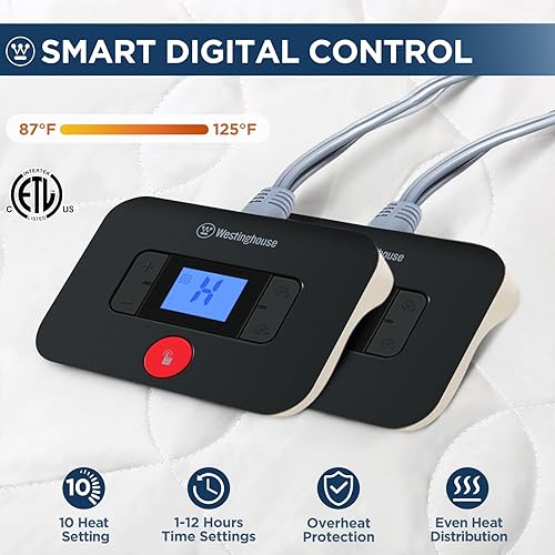 Miniatura 2 de Westinghouse Cubrecolchón térmico tamaño Queen, calentador de cama eléctrico con 10 ajustes de calor y controlador doble, apagado automático de 1-12