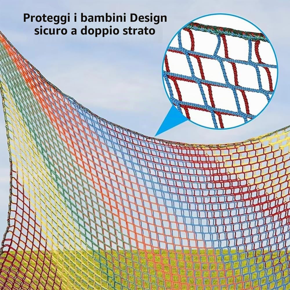 Rete da arrampicata per parco giochi, rete anti-caduta, rete di sicurezza per bambini, doppio strato, foro da 4 cm, con 6 ganci di sicurezza, borsa portaoggetti per bambini arrampicata (colorato, 2 x