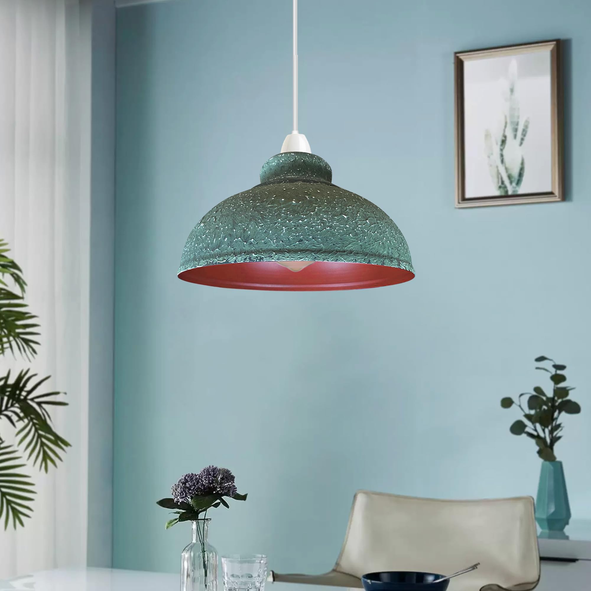 LEDSone Metal Easy Fit Lampshade Retro Industrial Ceiling Lighting Shade Hanging Pendant 29cm Curvy Shade Light Fixture for Kitchen Dining Room Lights E27 (Green Camouflage) - Image 2