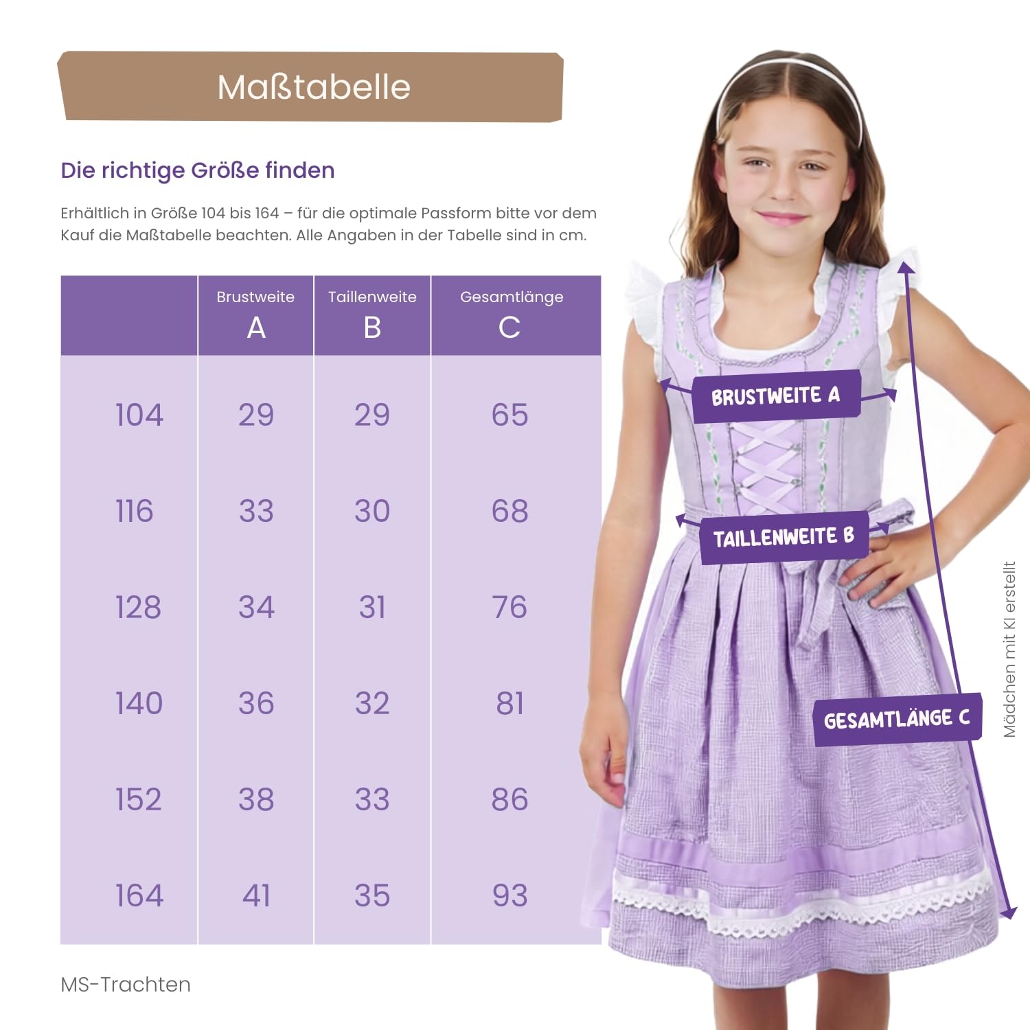 Dirndl Lina per bambini – Dirndl viola blu con camicetta e grembiule, 3 pezzi, abito tradizionale per bambine