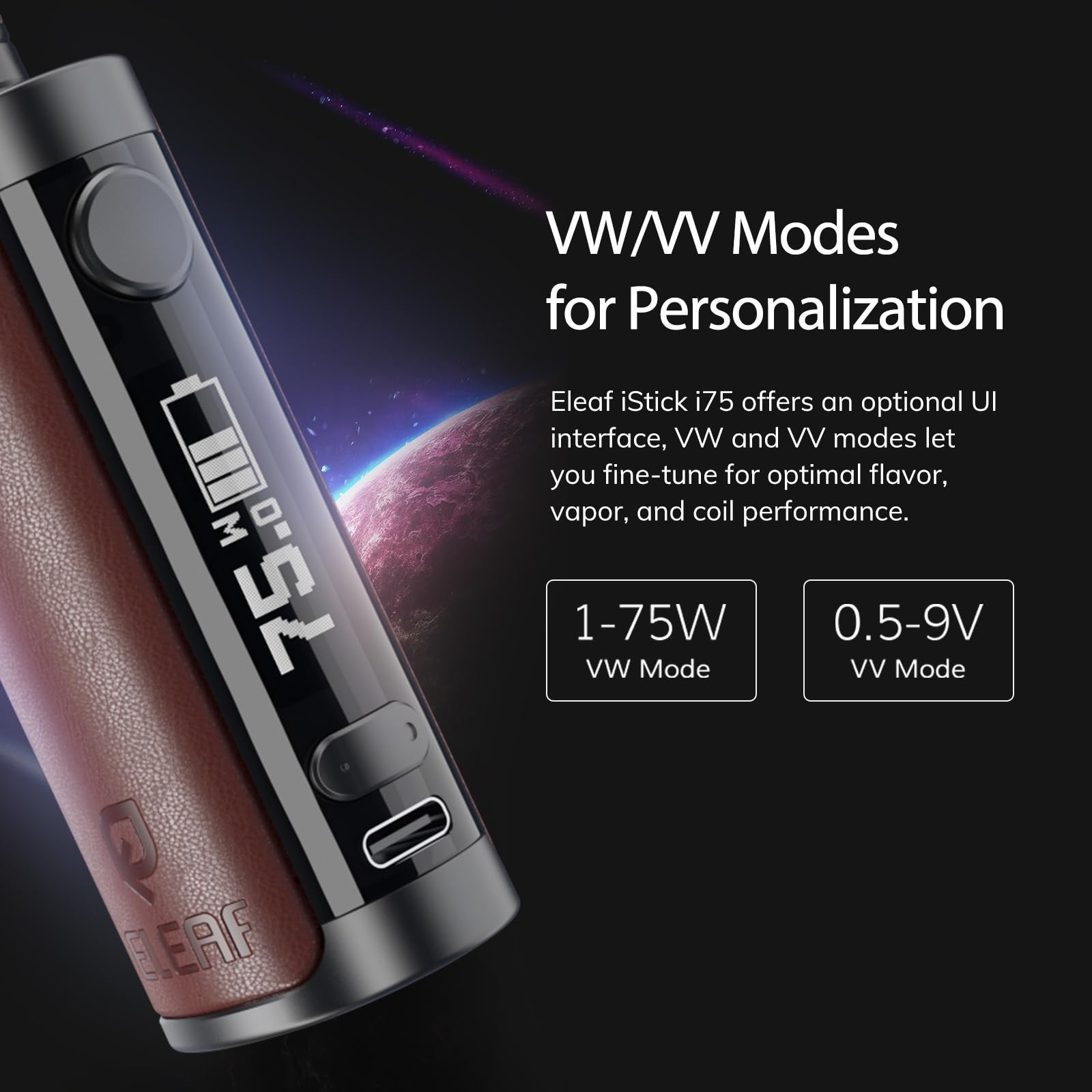 Eleaf iStick i75 Vape Mod 75W 3000mAh 2ml USB-C 5V 2A Vintage Leather LED  Display Adjustable without Nicotine (Black): Amazon.co.uk: Health &  Personal Care