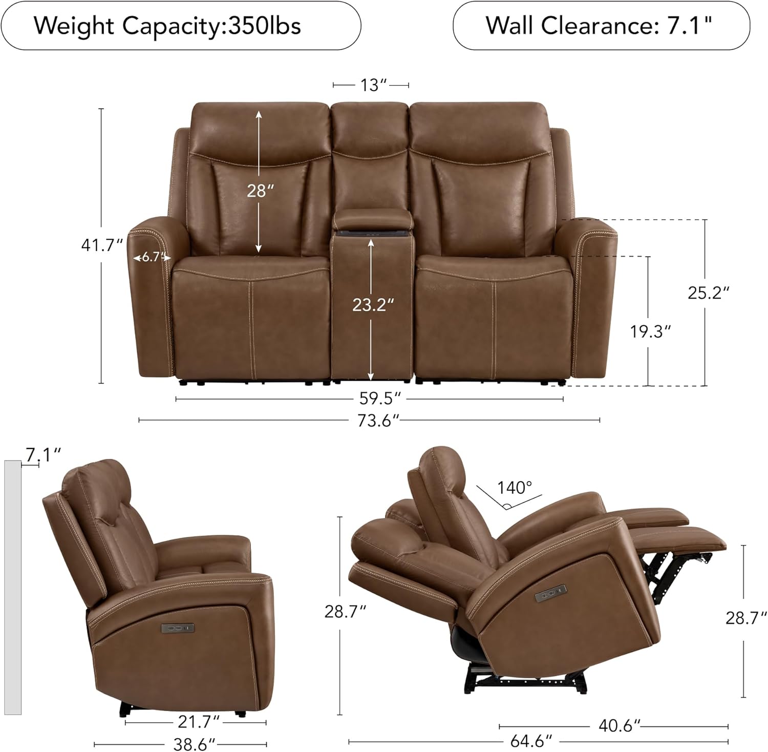 CHITA Genuine Leather Power Reclining Sofa, Super Zero Gravity Recliner Loveseat with Power Headrest and Console, Cup Holder, USB & Type-C Charging Ports, Dual Motor, Living Room, Cafe