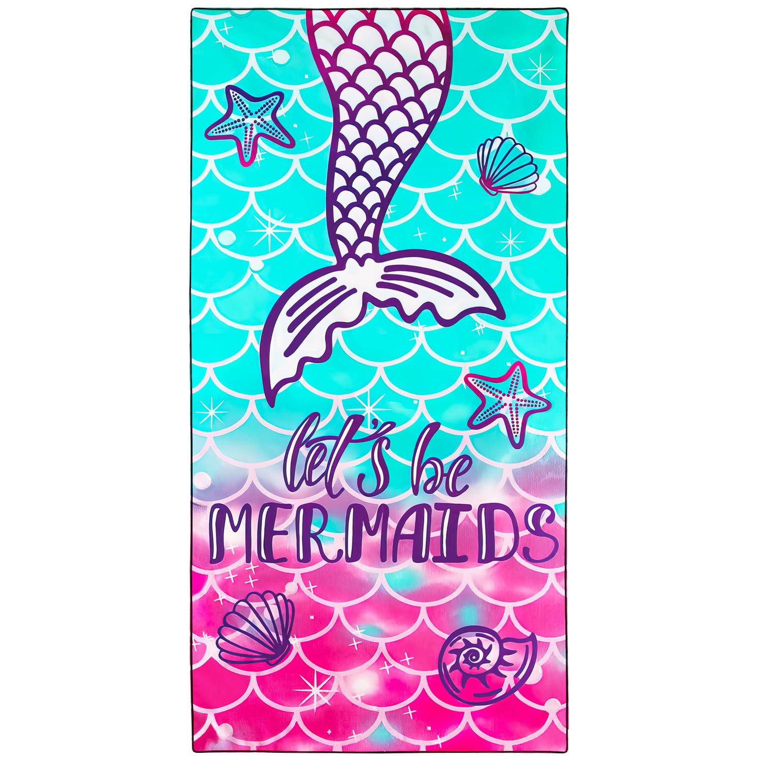 Violetpos Mermaid Tail 'Let's Be Mermaids' Beach Towel, Extra Large 180x90 cm 250GSM Microfibre, Sand Free Quick Dry, Ideal Vacation Gifts with Carry Bag for Pool Cruise Camping
