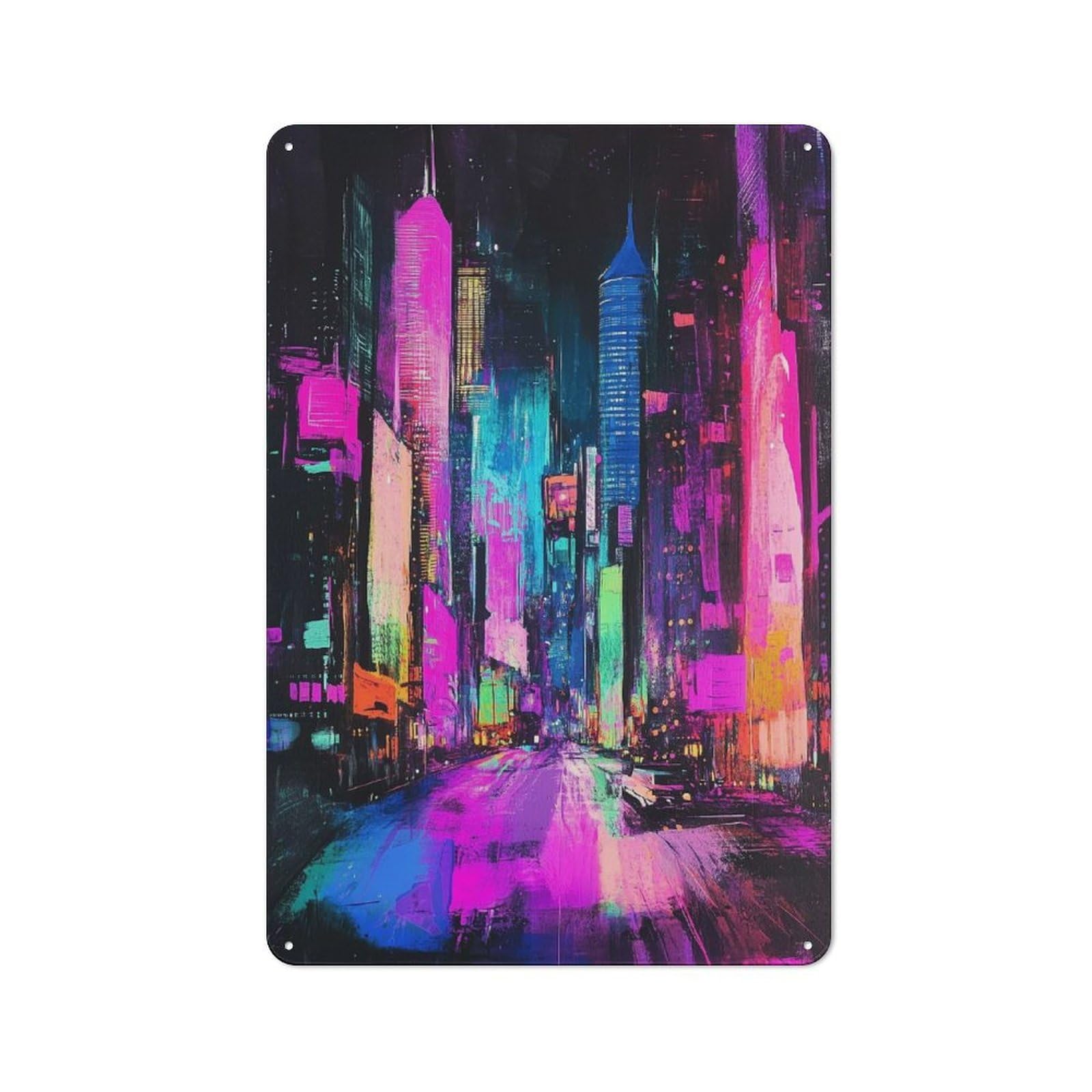 Junmoney Neon Cityscape Crayon Scratch Art 30X20cm Rustic Tin Sign With For Dining Room Or Kitchen, A Decorative Metal Sign For Kitchens And Dining Spaces