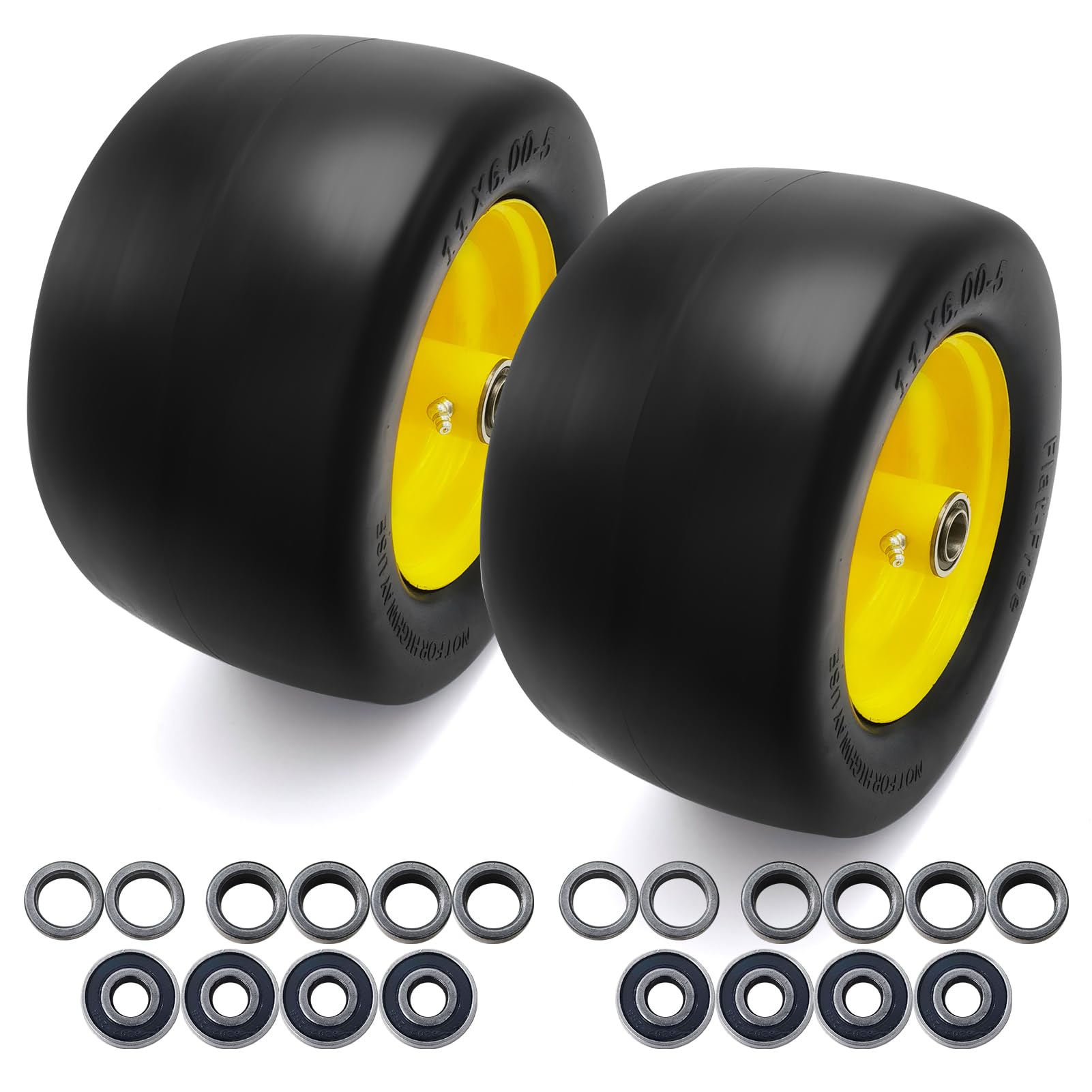 11x6.00-5 Flat Free Tire,2 Pcs Solid Smooth Lawn Mower Tires Assembly with 3/4" 5/8" and 1/2" Precision Bearings for John Deere/Husqvarna Mower Tires,Zero Turn Lawn Mower Tires. (Yellow)