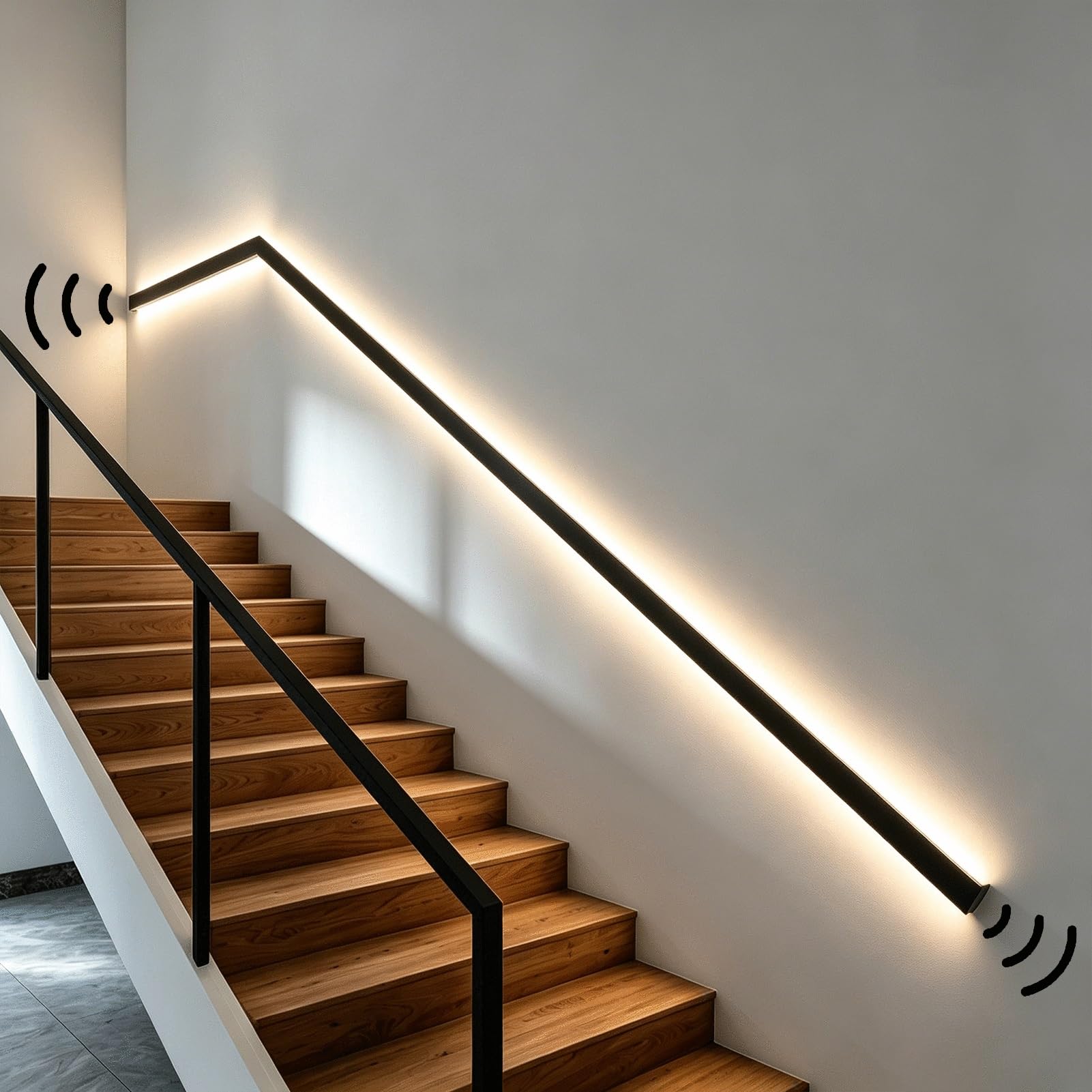 Viiguiy Right Natural Light Sensor Activated Stair Handrail, Wall Mounted Luminous Staircase Handrails, Heavy Duty Non-Slip Safety Grab Bar For Indoor Stairs(,90Cm/35.4In)