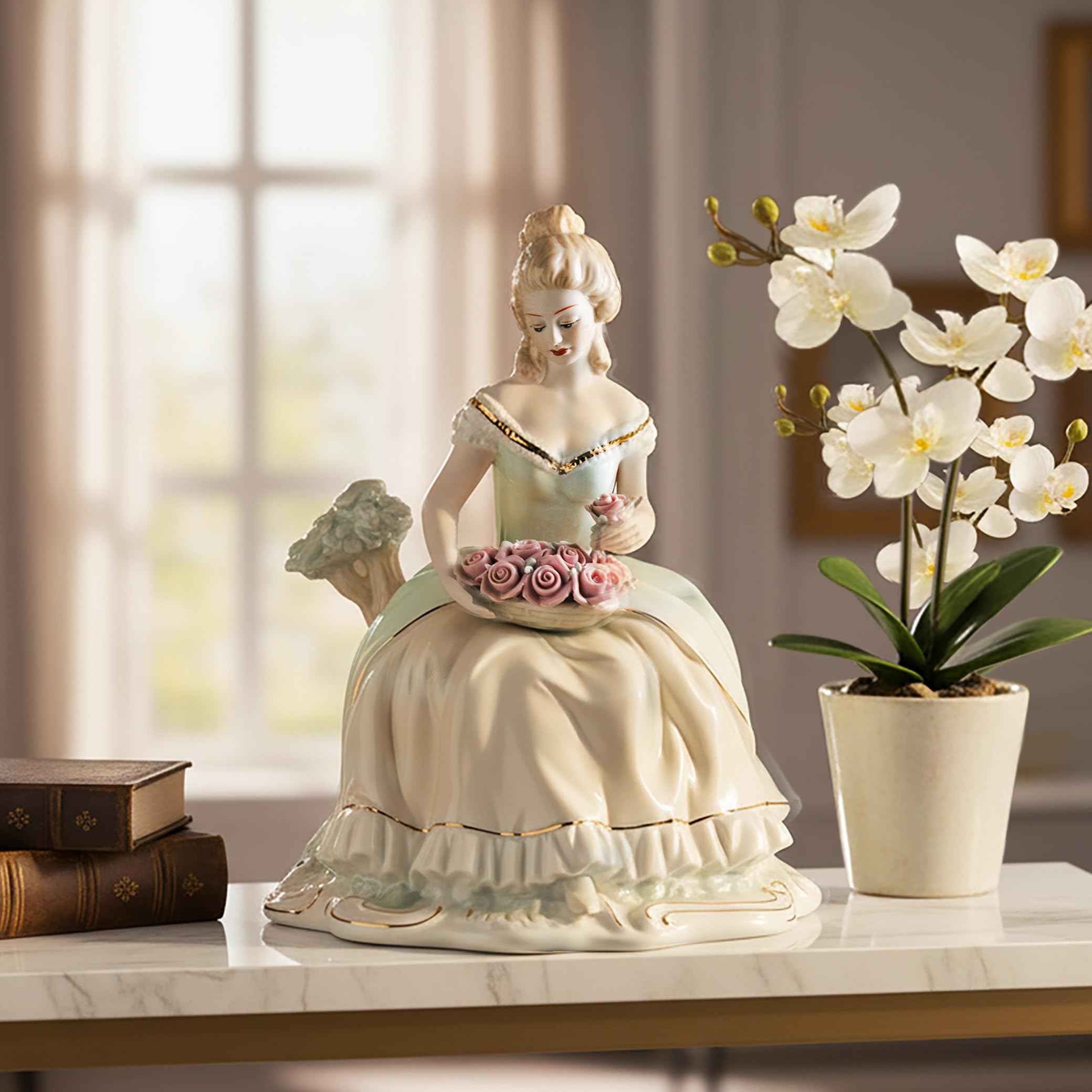 MTME Figura de porcelana, dama con flores, recuerdos, regalos de boda, estatua para decoración del hogar, (gracias querida)