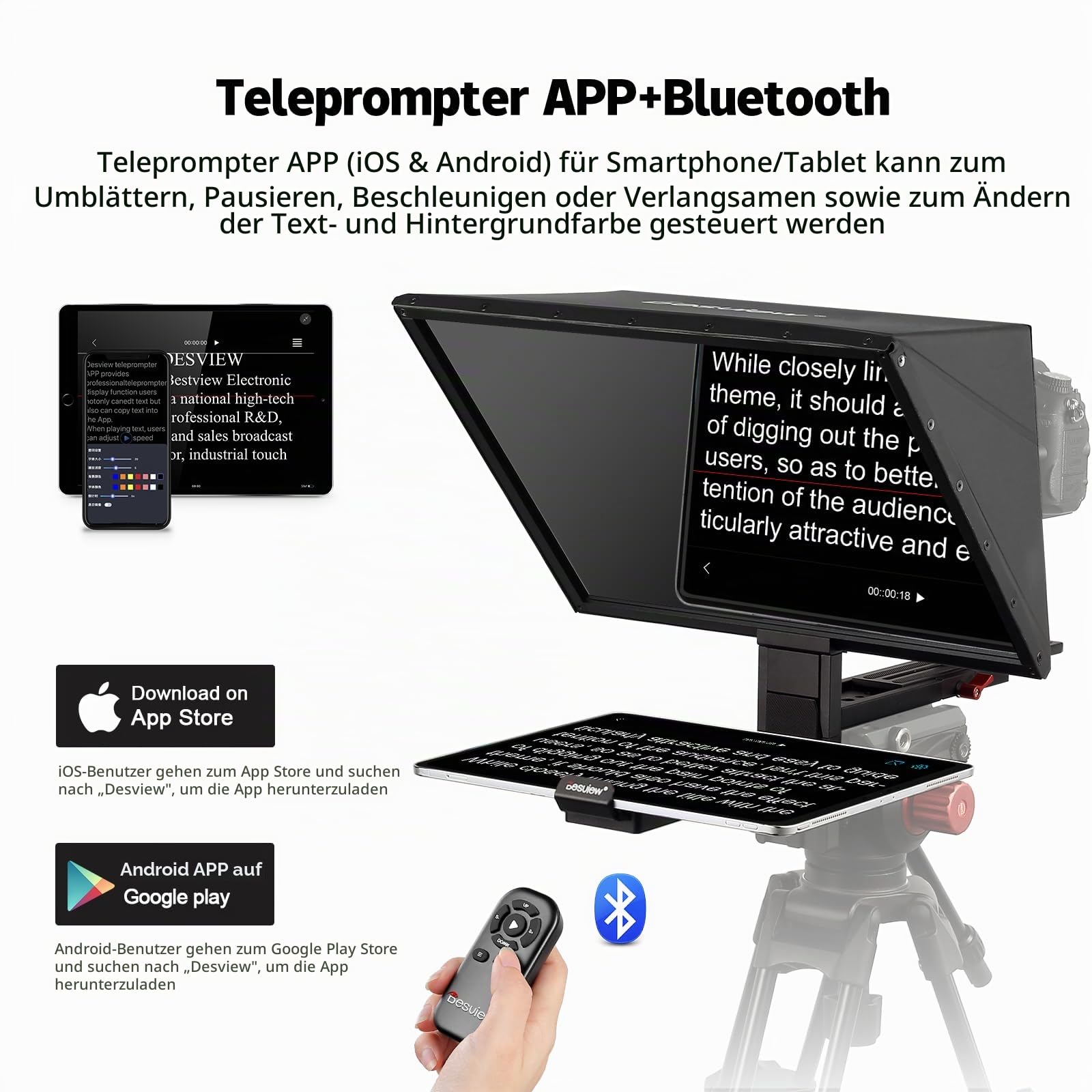Desview TP170 Teleprompter Aluminiumlegierung, 17 Zoll High Display Glas abhebbar Prompter mit Fernbedienung & APP für iPad/Tablet DSLR Camcorder Weitwinkel-Kameraobjektiv Videoaufnahmen