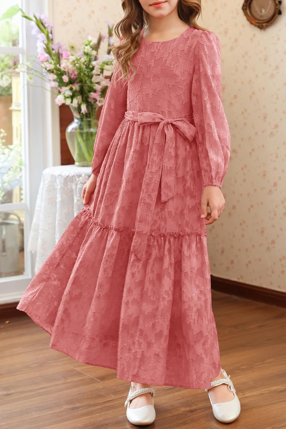 MITILLY Girls Long Sleeve Dress Elegant Floral Crew Neck Elastic Waist Formal Maxi Dresses with Belt 6-12 Years
