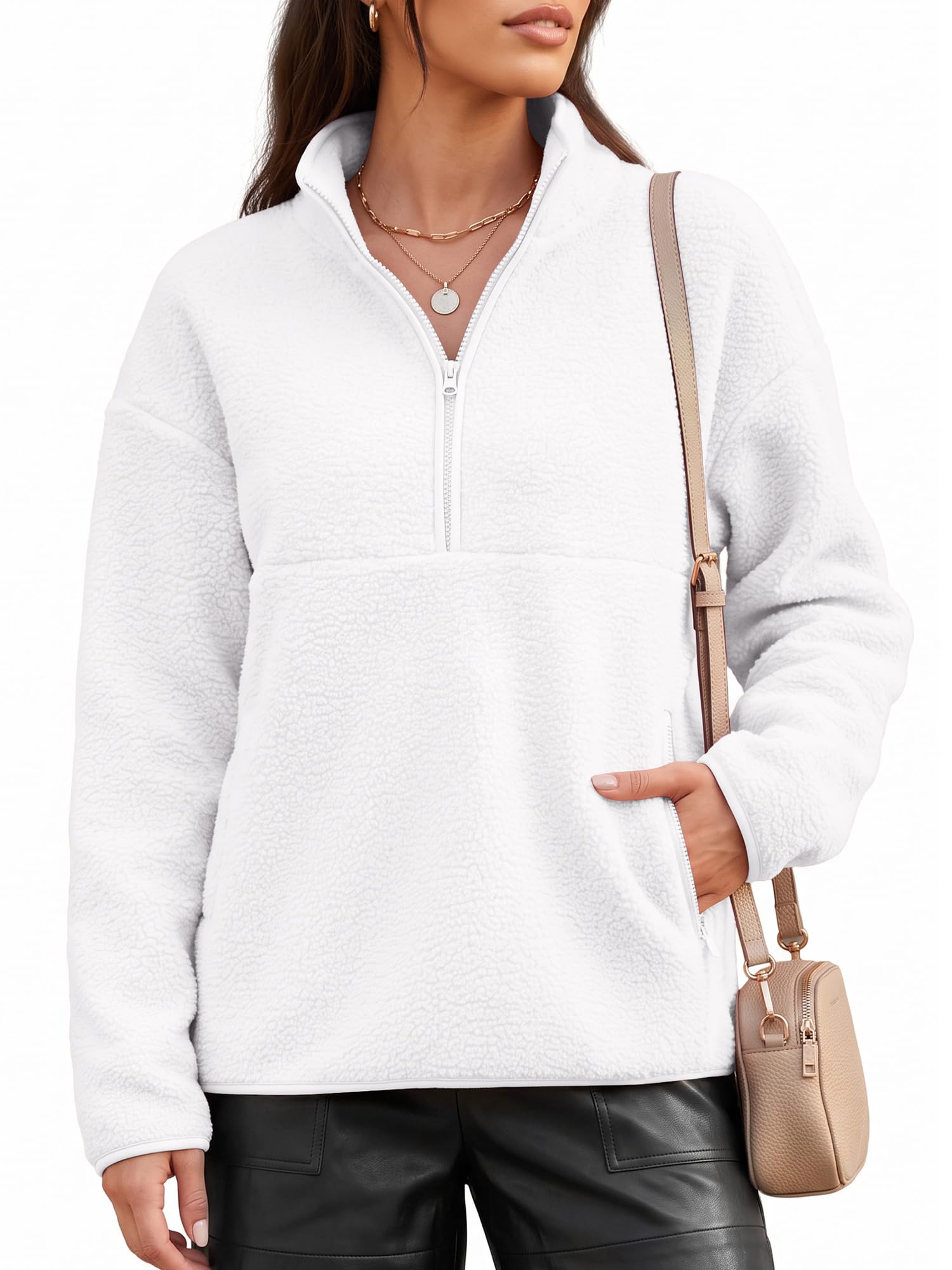 Fleecejacke Damen Teddyjacke Halbzip Stehkragen Winterjacke Damen-Jacken | Teddy Jacke Damen Fleece Pullover Flauschig Kuscheljacke für Winter Alltag, Reisen, Outdoor, Wandern und Freizeit