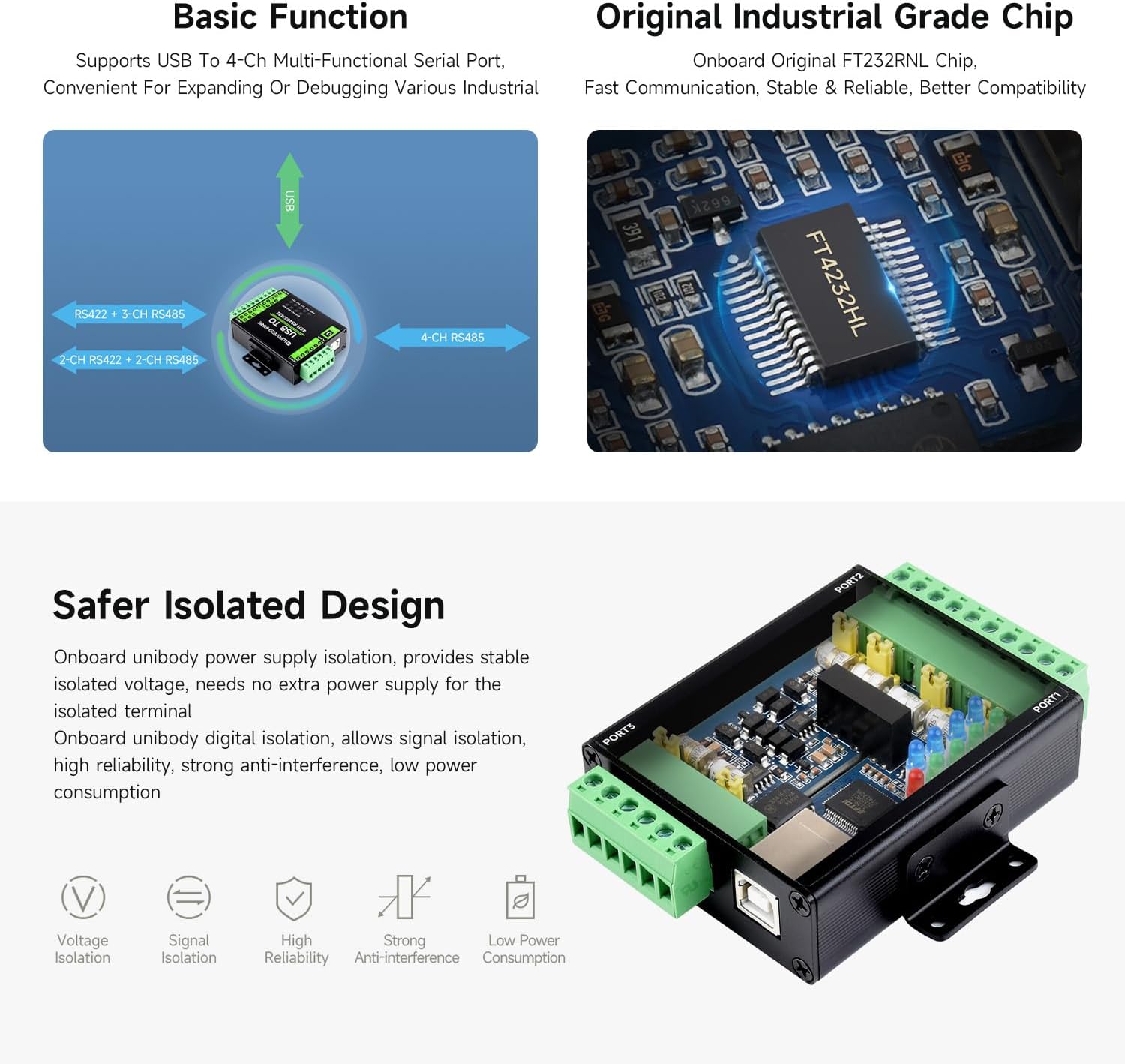 Waveshare Industrial Isolated USB to RS485/422 Converter, Original FT4232HL Chip, Supports USB to 2-Ch RS485 + 2-Ch RS485/422, Wall-Mount & Rail-Mount Support