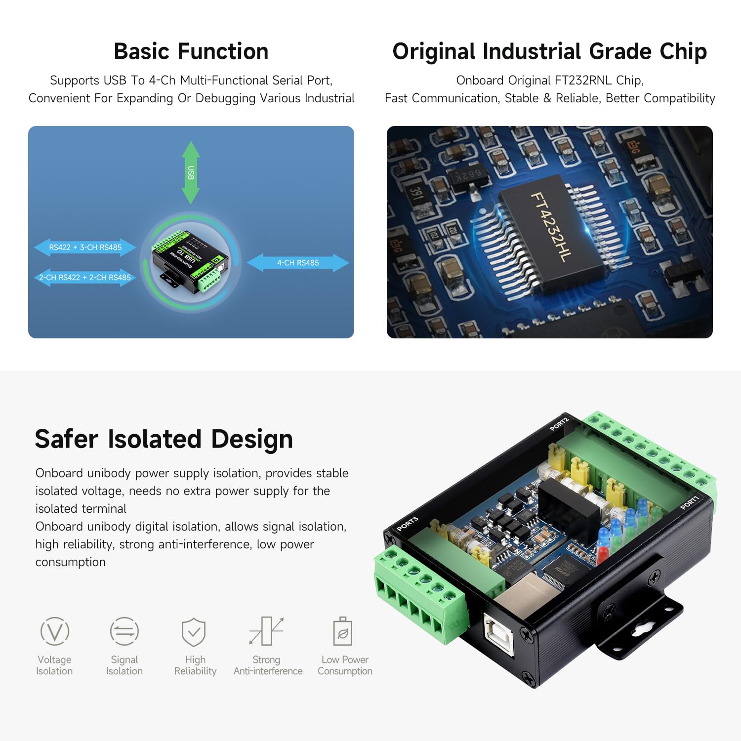 Waveshare Industrial Isolated USB To RS485/422 Converter, Original FT4232HL Chip, Supports USB To 2-Ch RS485 & 2-Ch RS485/422, Wall-Mount & Rail-Mount Support