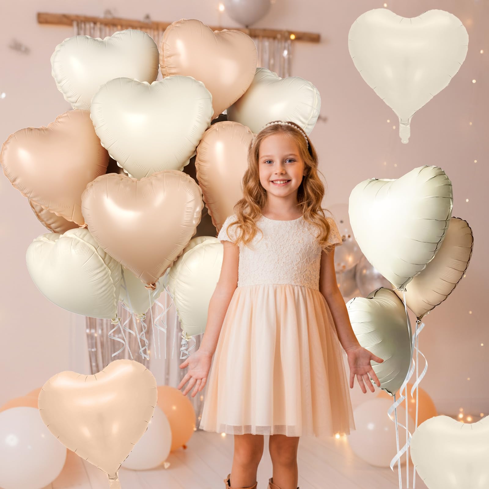 Cream Apricot Heart Balloons, 10 Pcs Beige White Caramel Foil Heart Shaped Balloon - Image 4