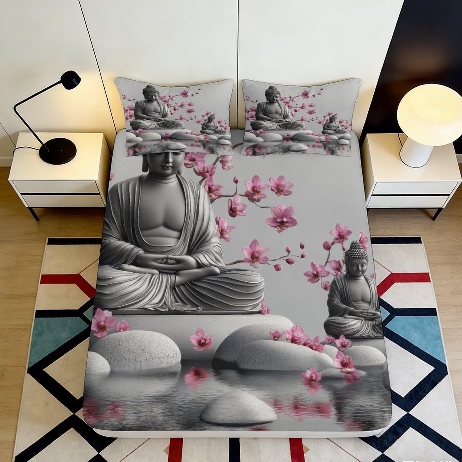 3D Printed Buddha Statue Fitted Sheet Microfiber Zen Lotus Blossom Bed Cover for Bedroom Dorm Decor, Easy Care 90x200x25cm