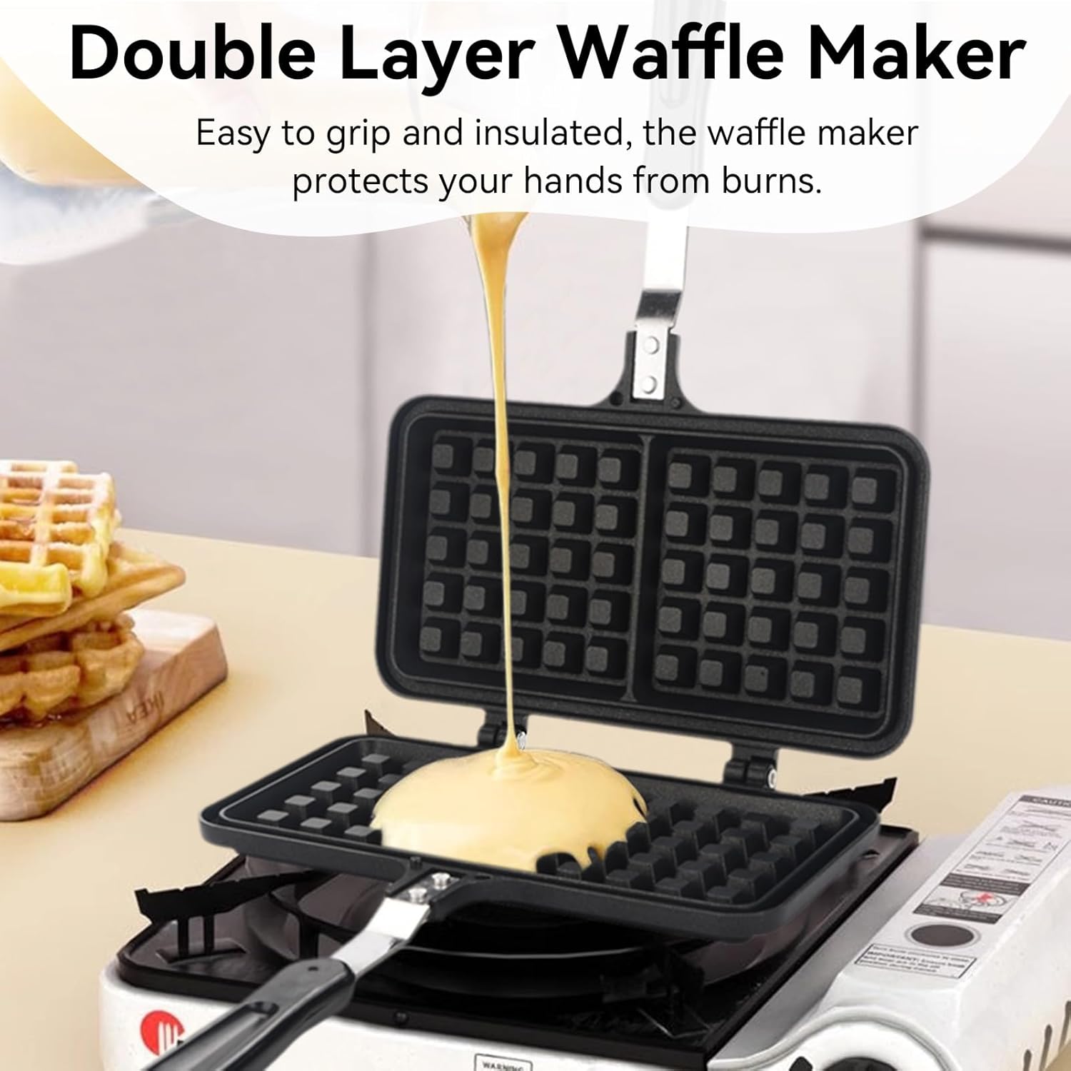 Cast Iron Waffle Maker, Non-stick Aluminum Cookware Two Piece Hinged Non Electric Waffle Baking Pan for Stovetop or Grill Square Design, 8.5 x 13.2inch